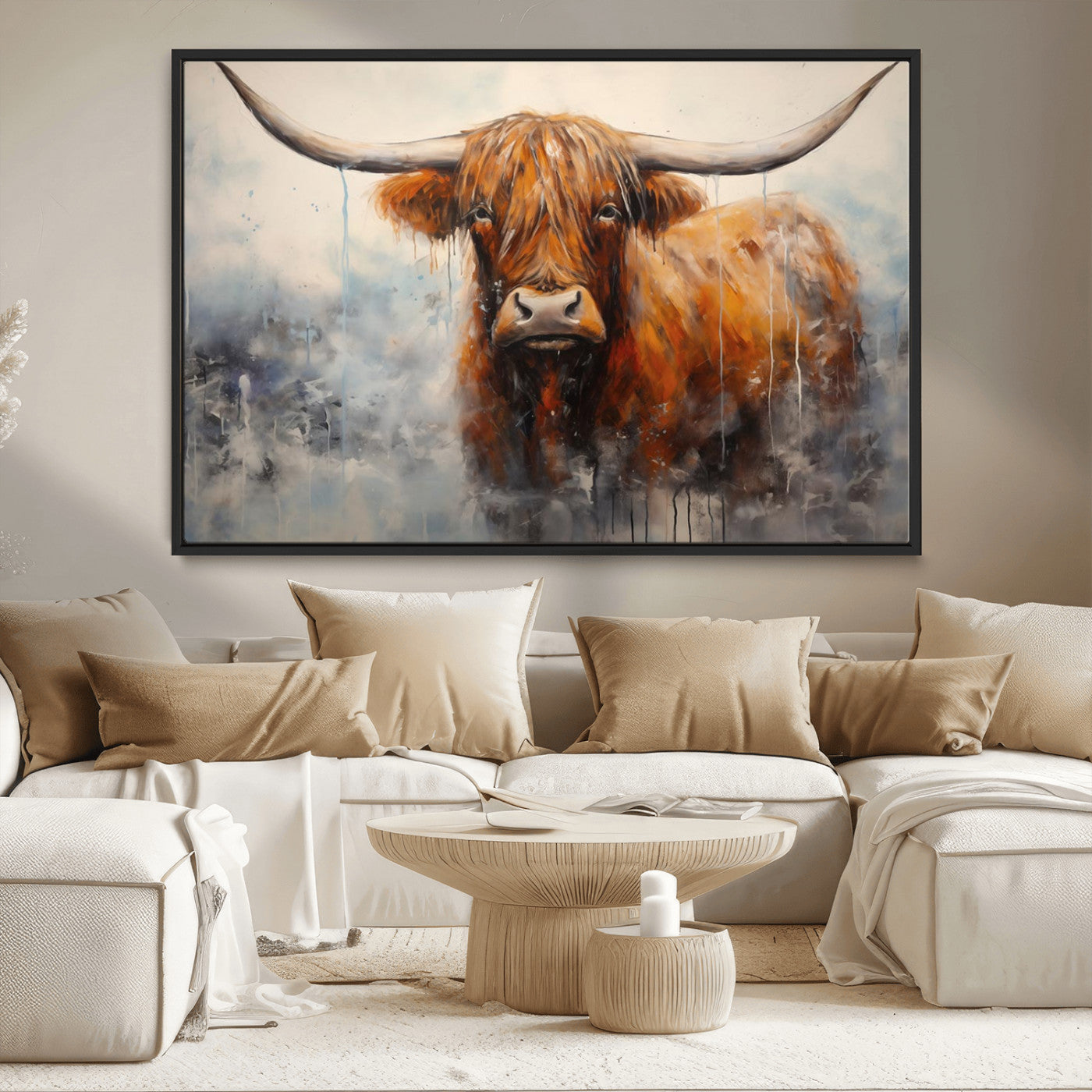 X61001-MGV-CV-36X24-Scottish Highland Wall Art Canvas Print, Framed Longhorn Art Picture Print, Western Cow Perfect Farmhouse Decor Artwork