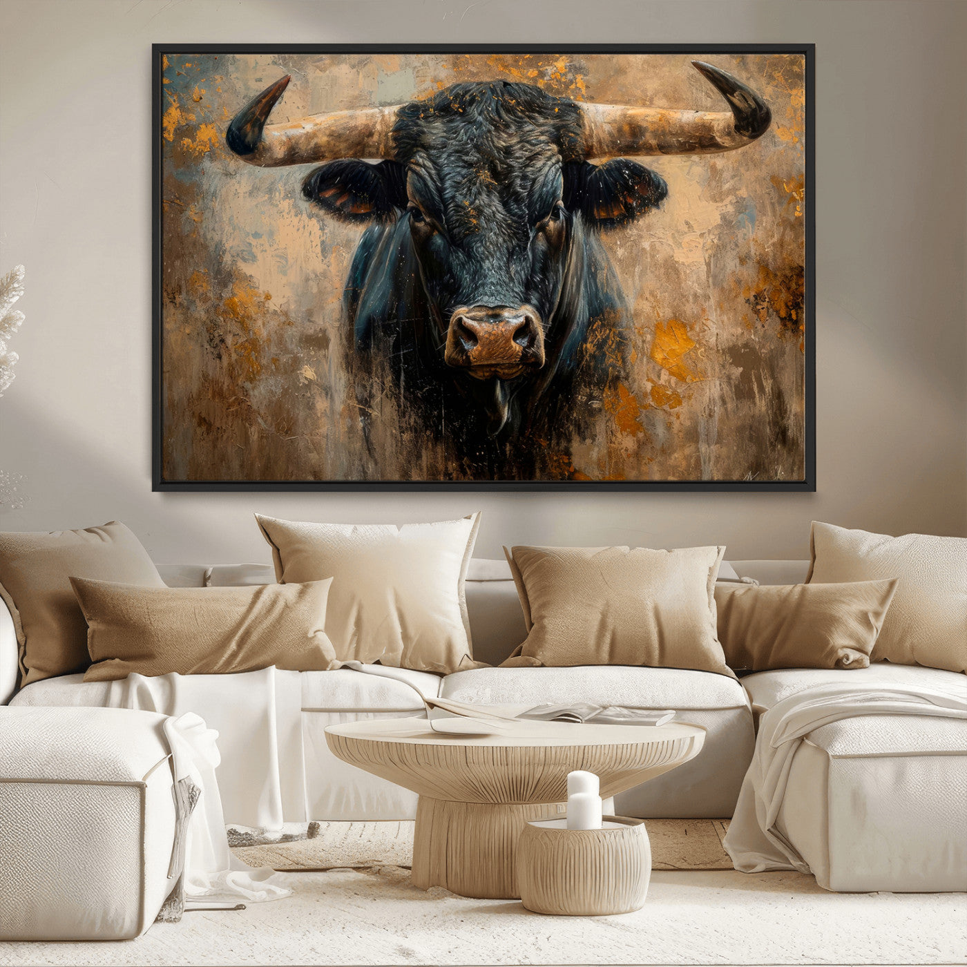 91615410-MGV-CV-36X24-Bull Wall Art – Rustic Western Longhorn Canvas Print, Powerful Abstract Animal Painting, Farmhouse Ranch Decor for Living Room,