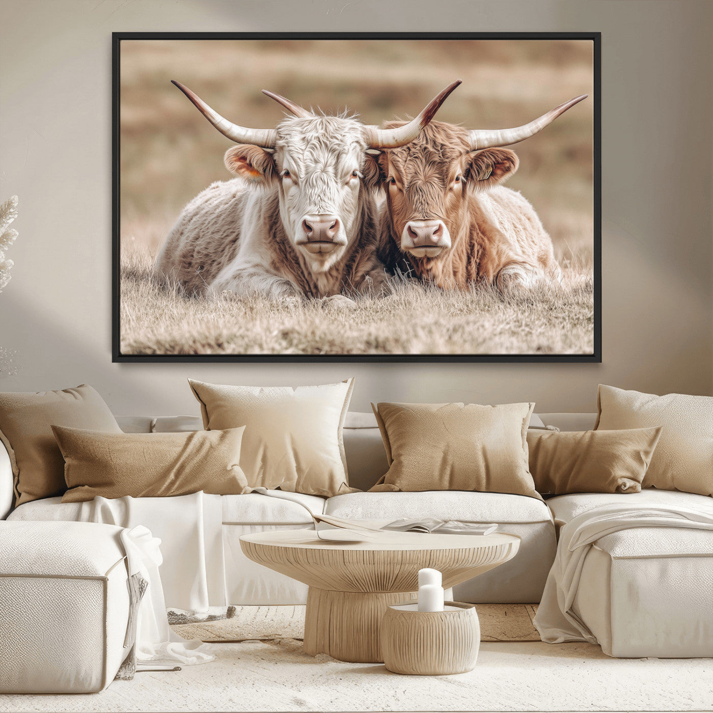 38651722-MGV-CV-36X24-Cow Wall Art – Rustic Longhorn Pair Canvas Print, Western Farmhouse Animal Painting, Country Ranch Decor for Living Room, Bedroom,