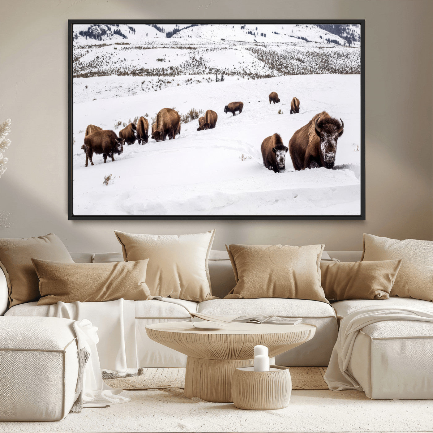 38217250-MGV-CV-36X24-Bison Herd Wall Art – Wildlife Canvas Print of Buffalo Winter Snow Scene, Rustic Western Lodge Décor, Farmhouse & Cabin Nature