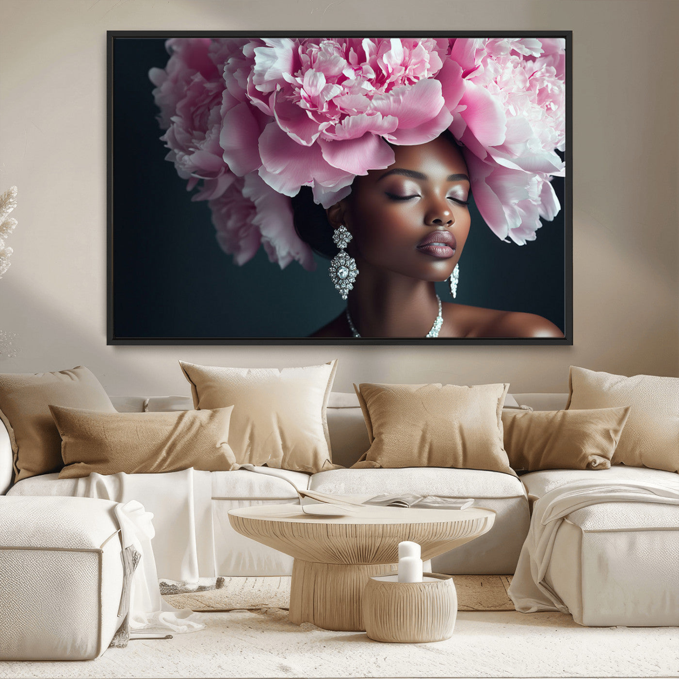 35482880-MGV-CV-36X24-Floral Portrait Wall Art – Elegant Woman with Pink Peony Headpiece Canvas Print, Luxury Fashion Inspired Artwork, Modern Glam