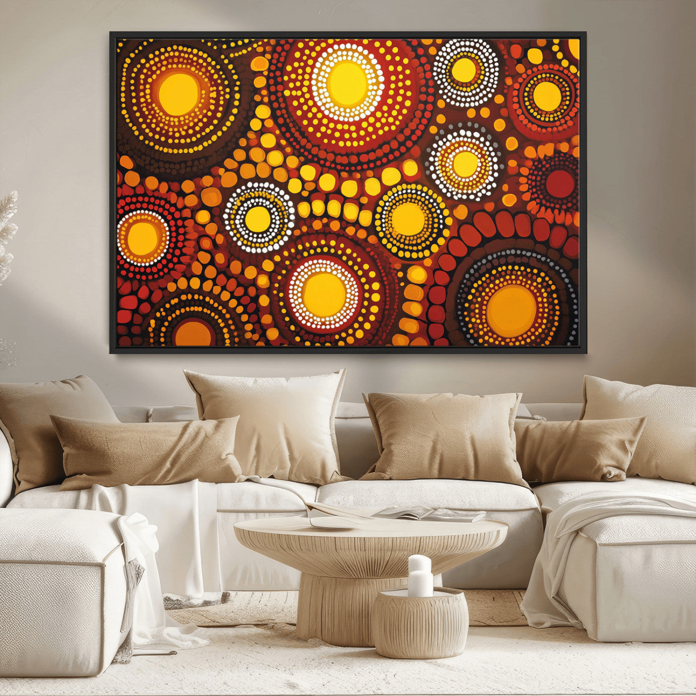 81120549-MGV-CV-36X24-Abstract Dot Painting Wall Art – Vibrant Tribal Boho Style Canvas Print with Sunburst Mandala Circles in Warm Red, Yellow, Orange