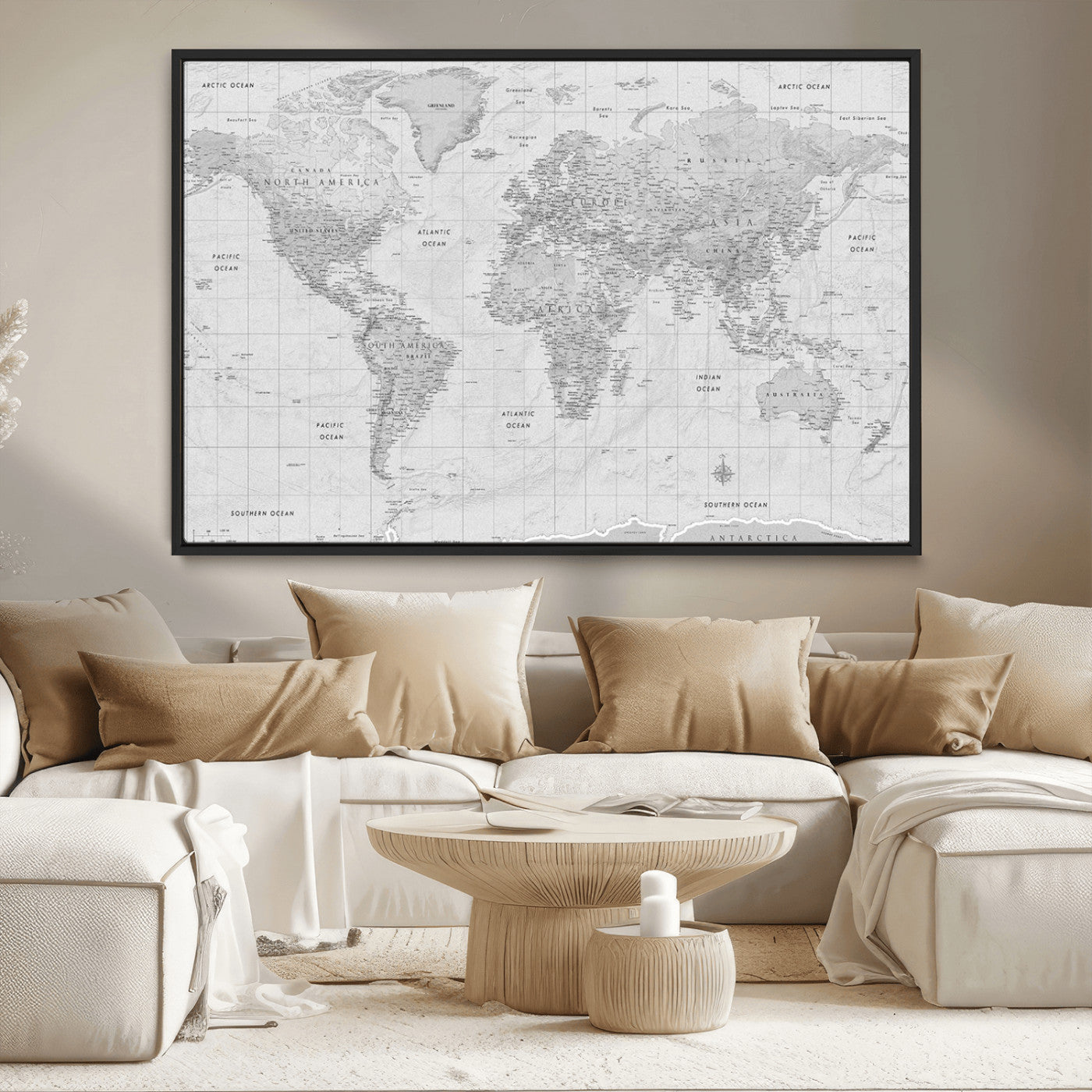 10516725-MGV-CV-36X24-Black and White World Map Wall Art – Minimalist Grayscale Canvas Print – Modern Detailed Travel Map Poster for Home, Office, or