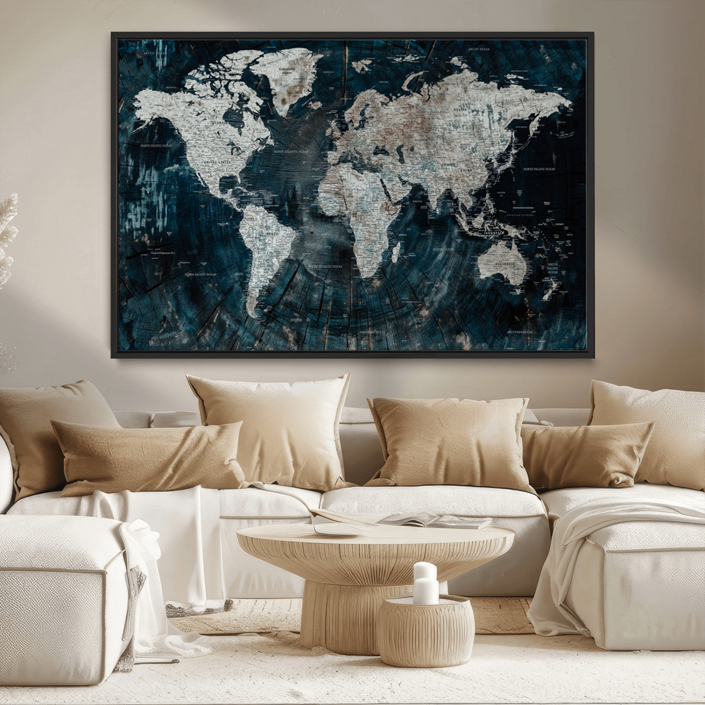34425609-MGV-CV-36X24-World Map Wall Art – Rustic Navy and Grey Atlas Canvas Print, Distressed Explorer Map Artwork, Industrial Style Decor for Office,