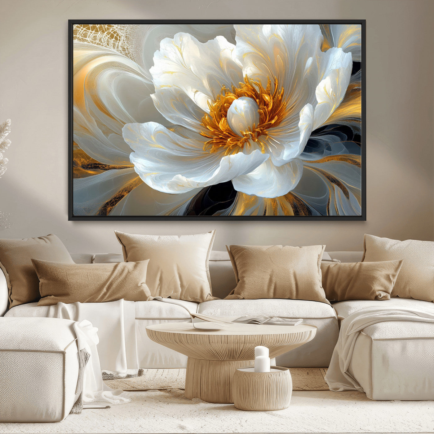 39604126-MGV-CV-36X24-Abstract Flower Wall Art – Elegant White and Gold Bloom Canvas Print, Modern Floral Artwork for Bedroom, Living Room, or Office