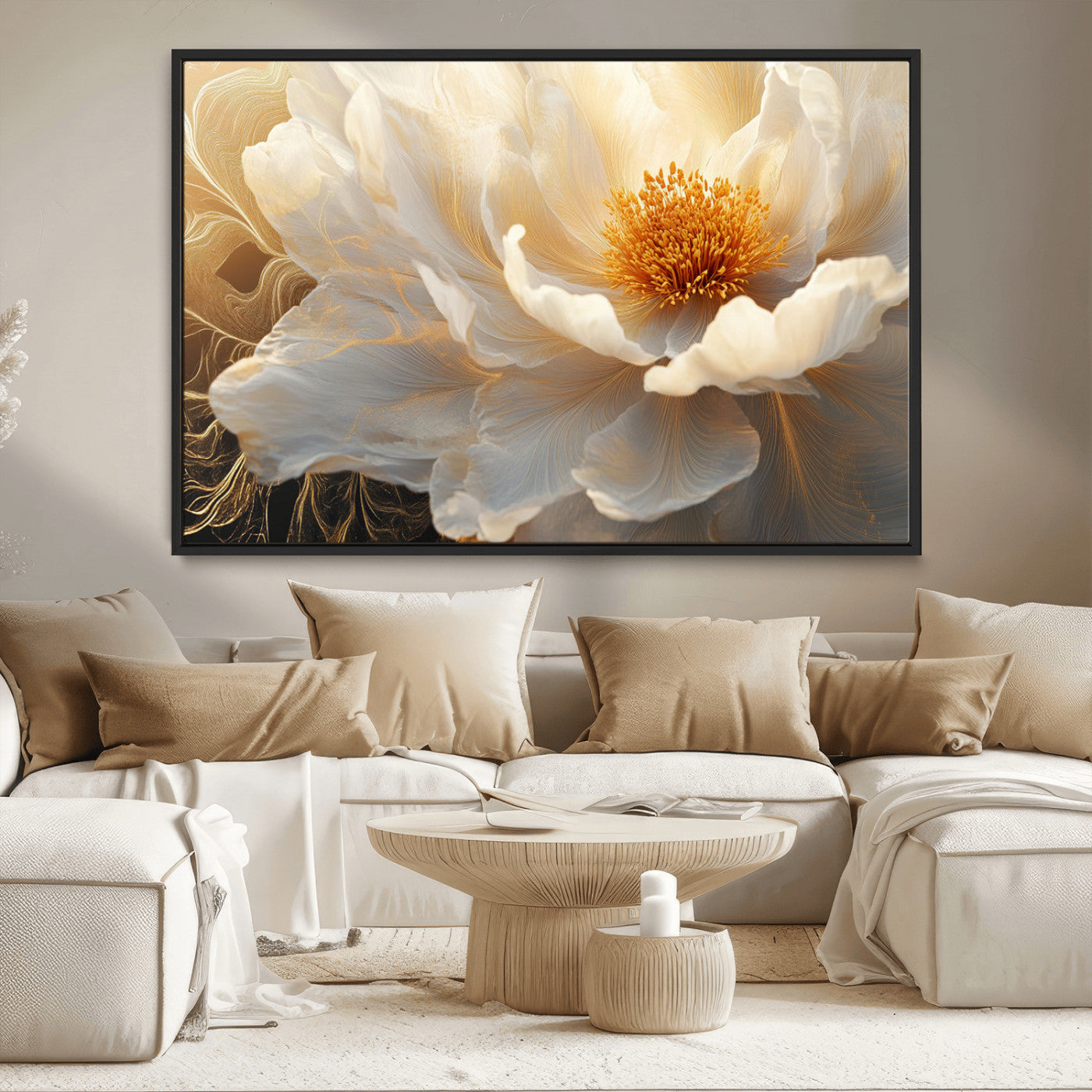29539087-MGV-CV-36X24-Floral Wall Art – Elegant White and Gold Bloom Canvas Print, Romantic Modern Flower Artwork for Bedroom, Living Room, or Office