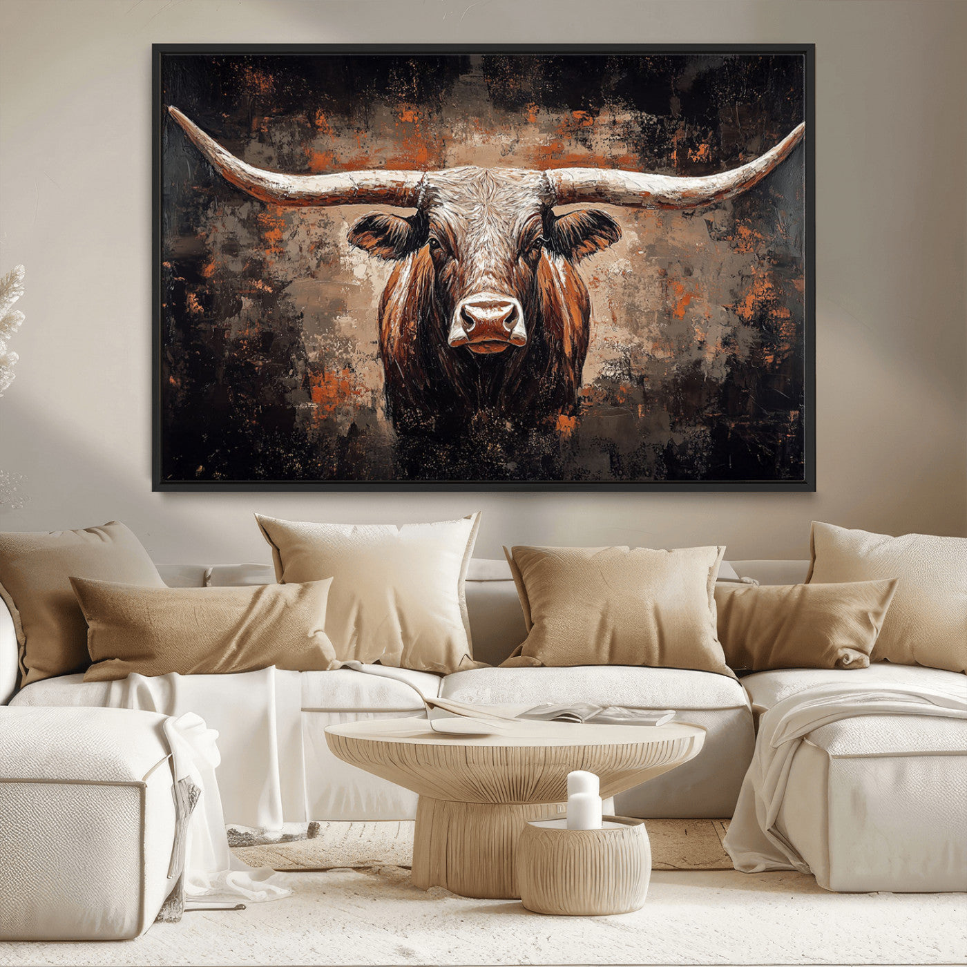 24779067-MGV-CV-36X24-Longhorn Bull Wall Art – Western Rustic Canvas Print, Bold Cowboy Cattle Painting for Ranch House, Farmhouse, Office, or Living