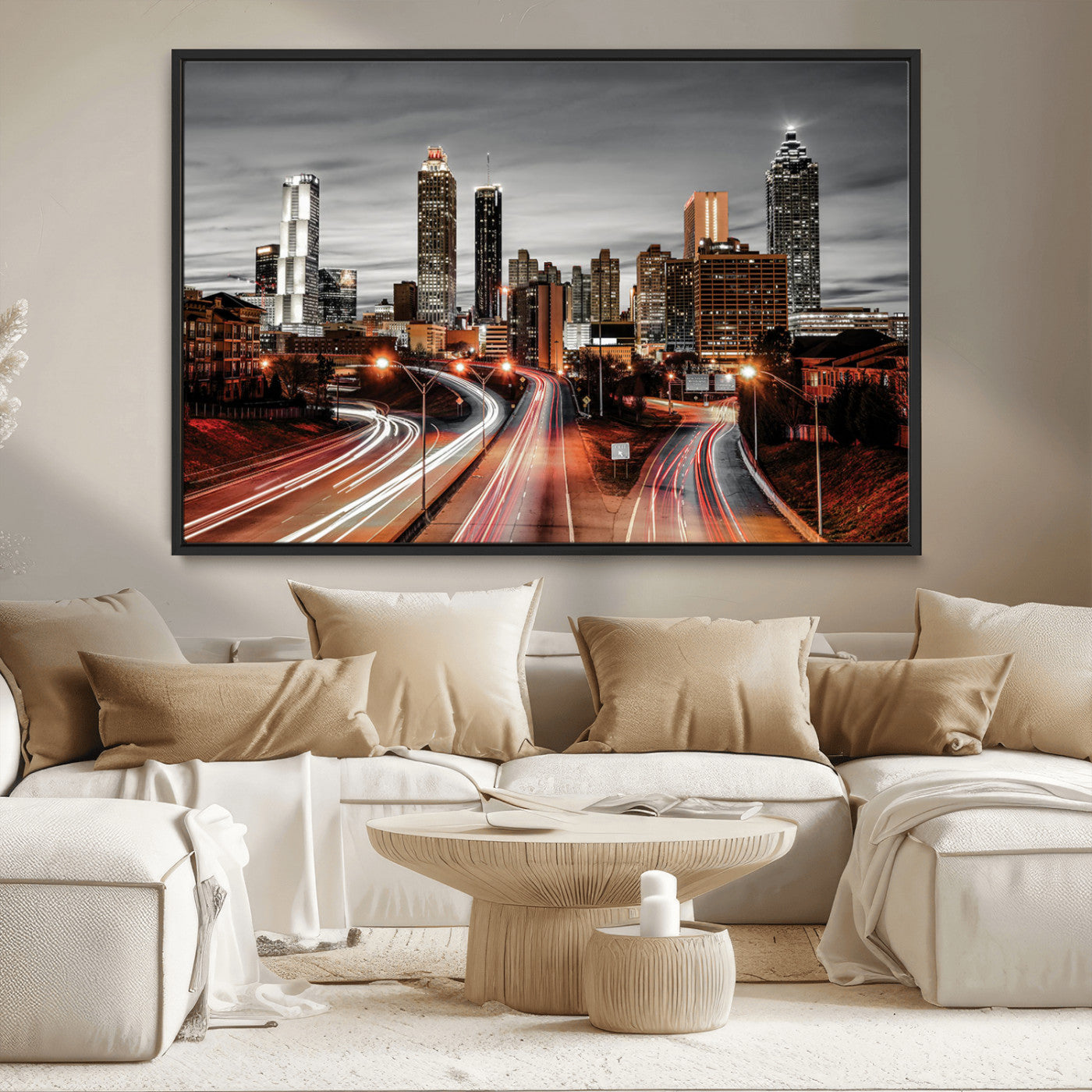 59097239-MGV-CV-36X24-City Skyline Wall Art – Modern Black and White Night Canvas Print with Red Light Trails, Urban Landscape Decor for Living Room or