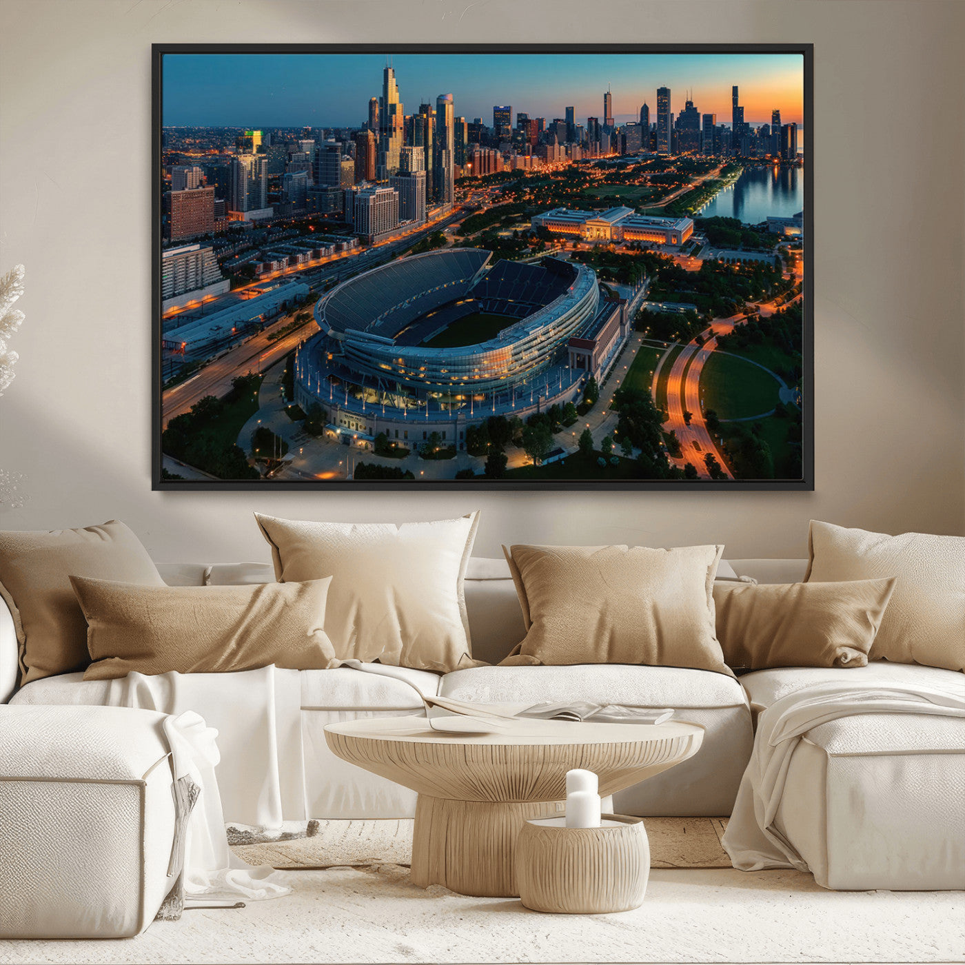 36690345-MGV-FC-36X24_Black-Soldier Field Wall Art – Chicago Bears Stadium Aerial Night Canvas Print, City Skyline Football Decor for Living Room, Office, or