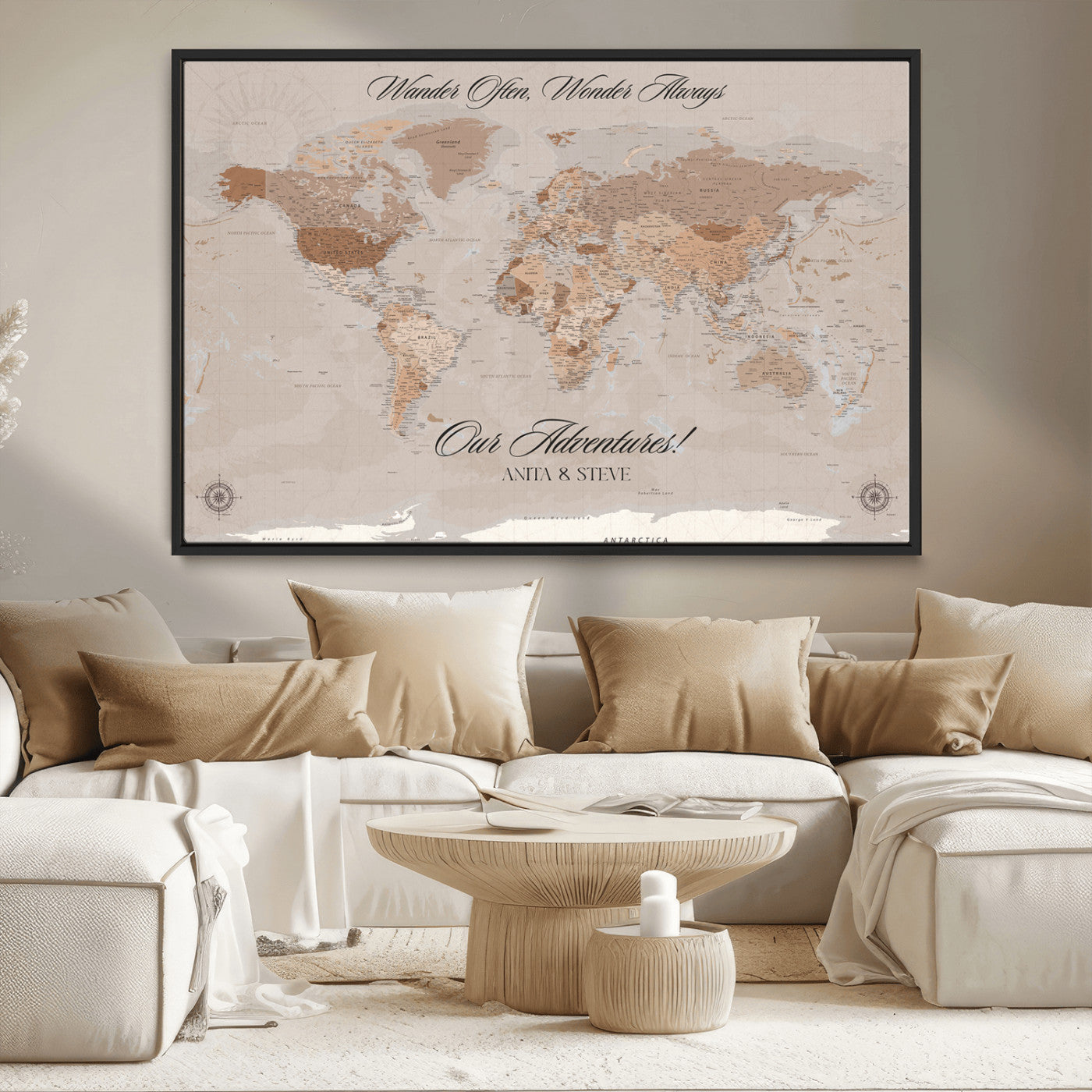 95243244-MGV-FC-36X24_Black-Wander Often Wonder Always World Map Wall Art – Neutral Beige Adventure Canvas Print, Rustic Boho Travel Decor for Bedroom, Living