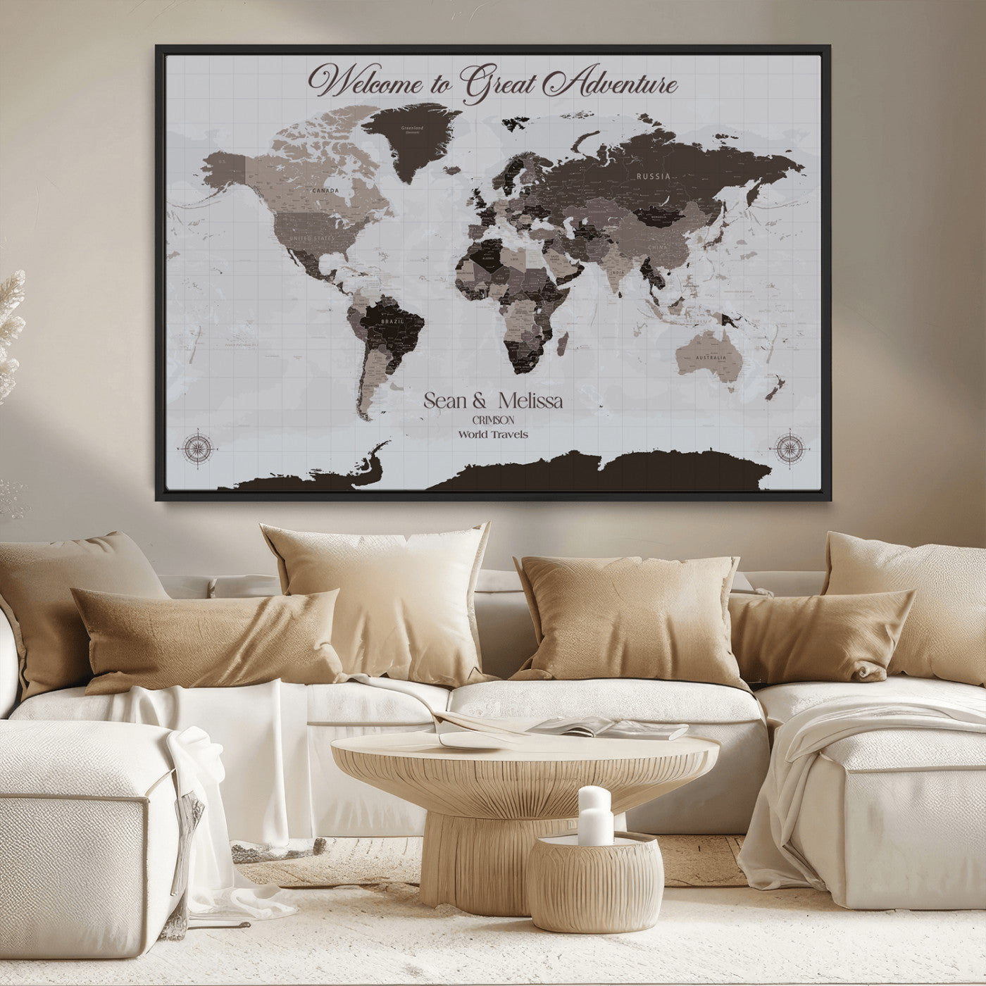 43749658-MGV-FC-36X24_Black-Welcome to Great Adventure World Map Wall Art – Charcoal Gray Canvas Print, Rustic Travel Decor for Living Room, Study, Office or