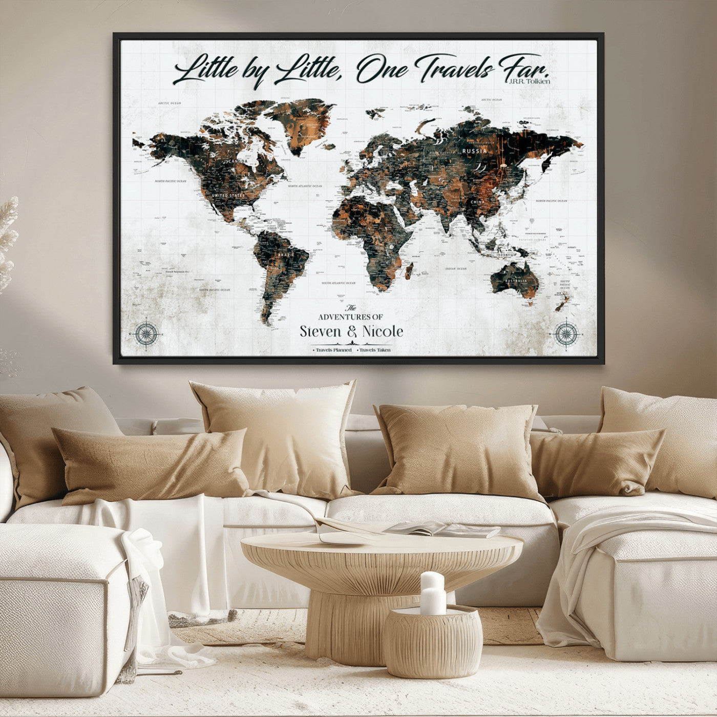 88337180-MGV-FC-36X24_Black-Little by Little One Travels Far Tolkien Quote World Map Rustic Black Brown Adventure Wall Art Canvas Print for Home Office Living