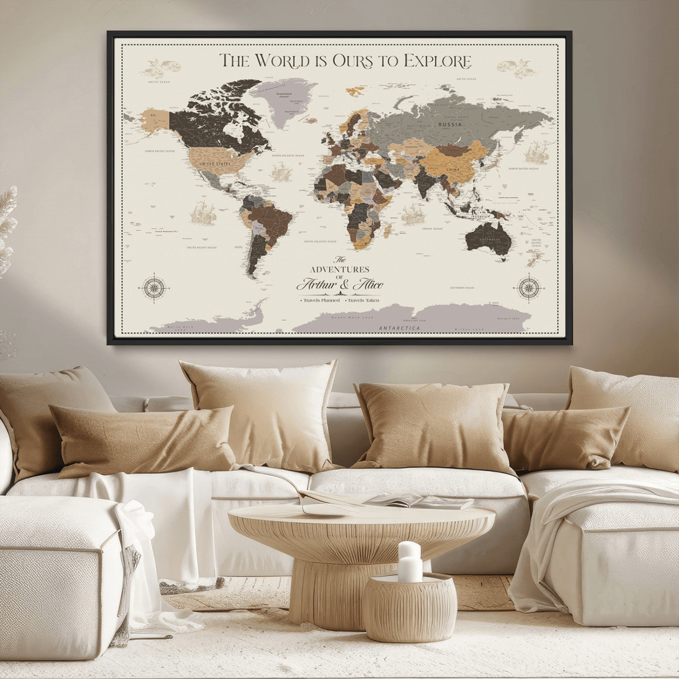 90024882-MGV-CV-36X24-The World is Ours to Explore Wall Art – Earth Tone World Map Canvas Print, Adventure Travel Decor for Living Room, Office or
