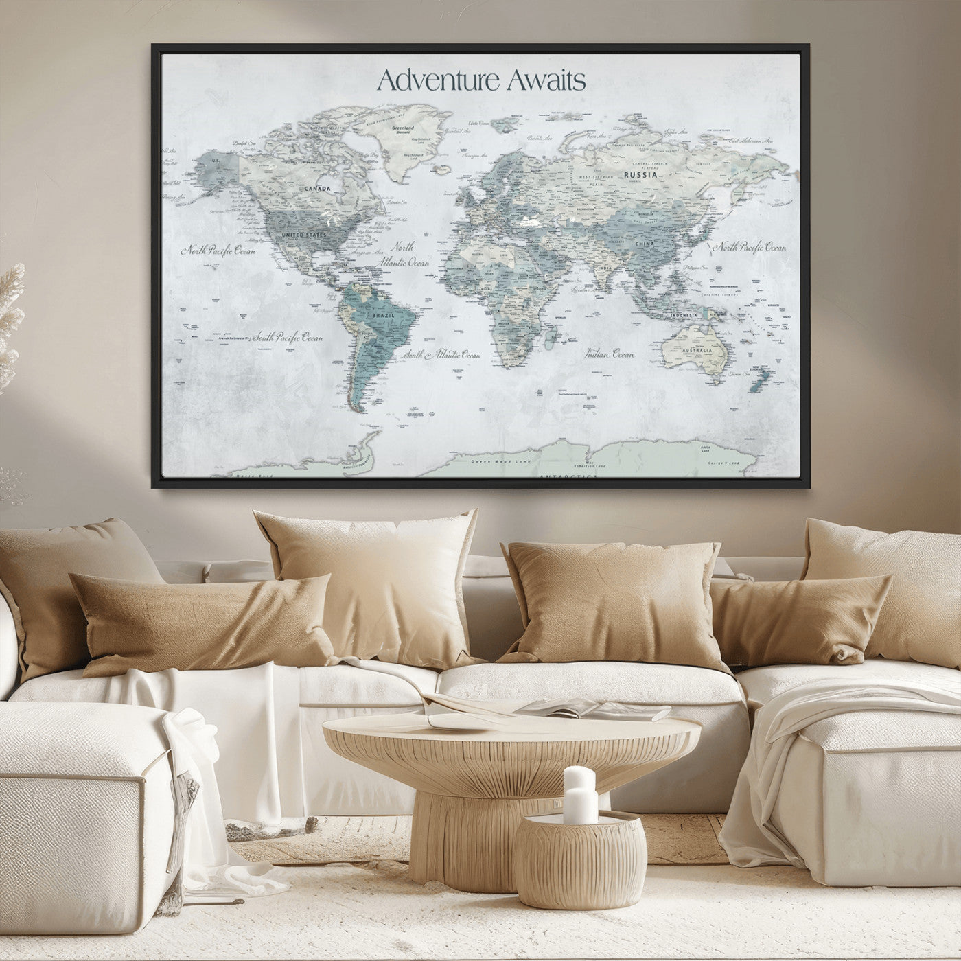 TEST111-MGV-CV-36X24-Personalized Adventure Awaits Push Pin World Map – Custom Framed Travel Tracker Canvas Wall Art for Home, Office