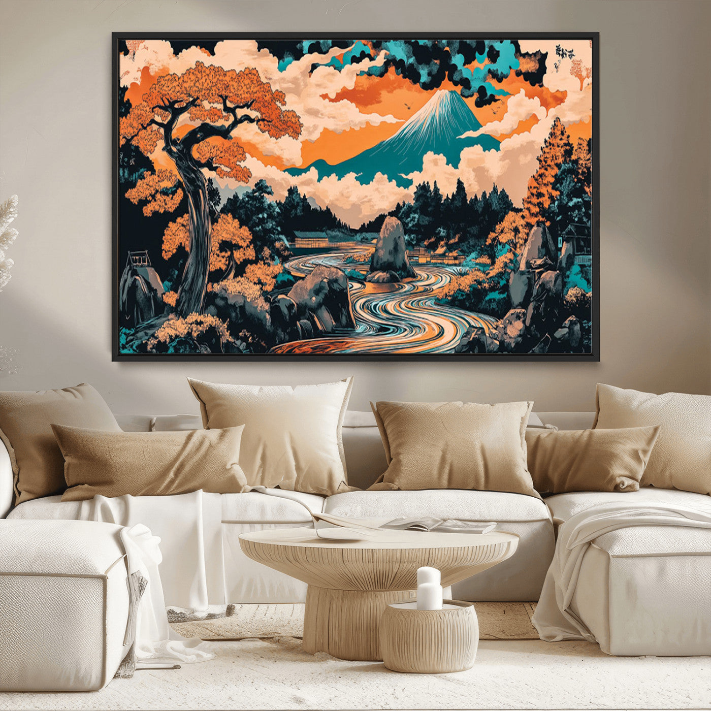 21638941-MGV-CV-36X24-Japanese Landscape Wall Art – Mount Fuji and Flowing River Ukiyo-e Style Canvas Print, Traditional Japan Inspired Artwork for