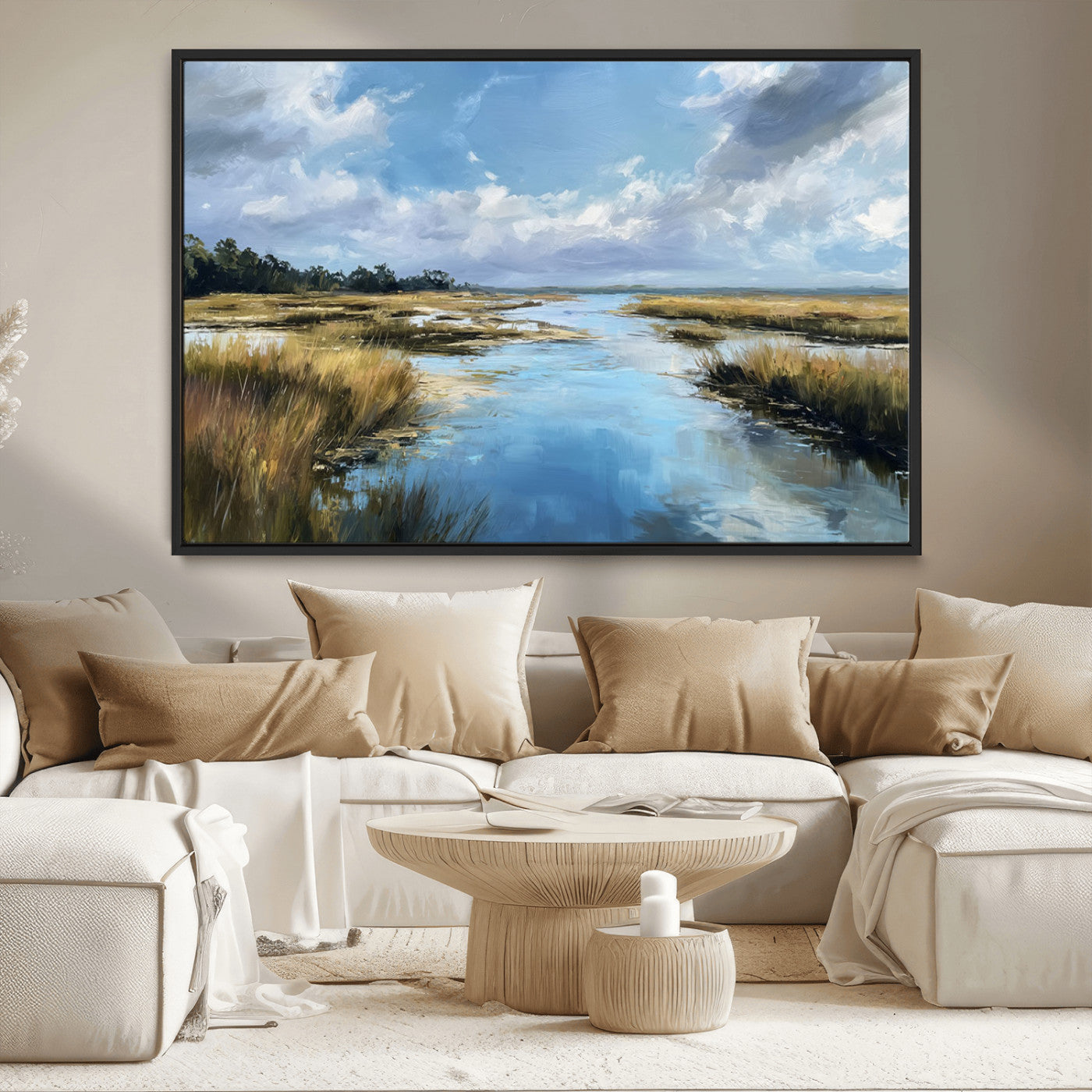 87082041-MGV-CV-36X24-Painted Marshland Canvas Wall Art – Serene Water Reflection, Blue Sky, Golden Grass Landscape, Calm Nature Decor for Home, Office,