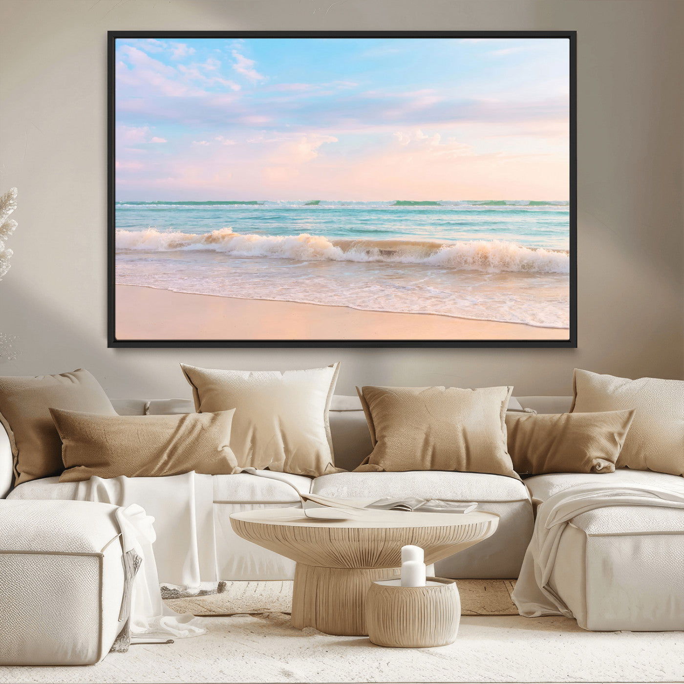 88024944-MGV-CV-36X24-Serene Ocean Waves Canvas Wall Art – Pastel Sky, Soft Sand Beach, Tranquil Seascape, Calm Water Coastal Nature, Relaxing Peaceful
