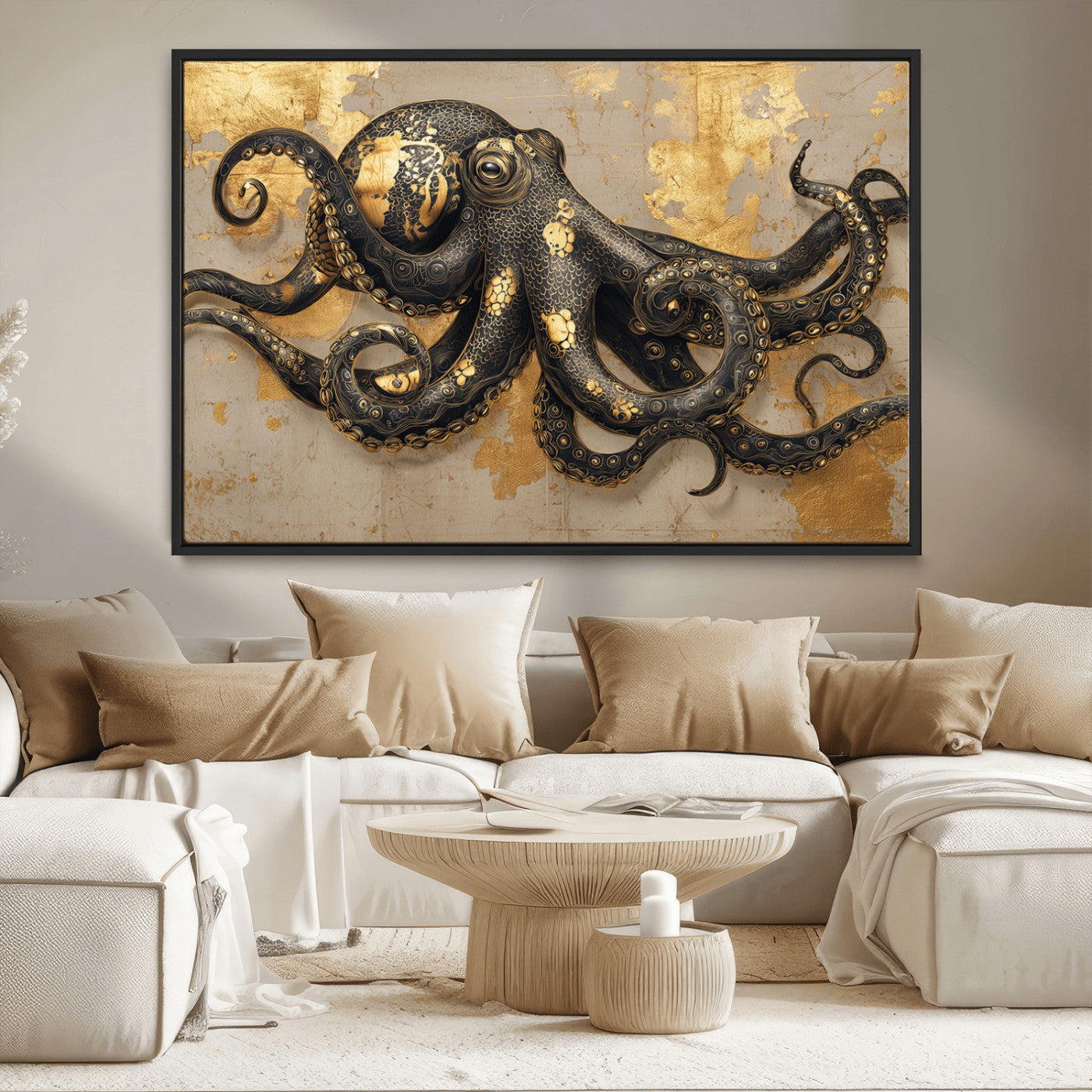 57944271-MGV-CV-36X24-Octopus Wall Art – Black and Gold Nautical Canvas Print, Modern Ocean Inspired Artwork with Elegant Detailing, Coastal Marine