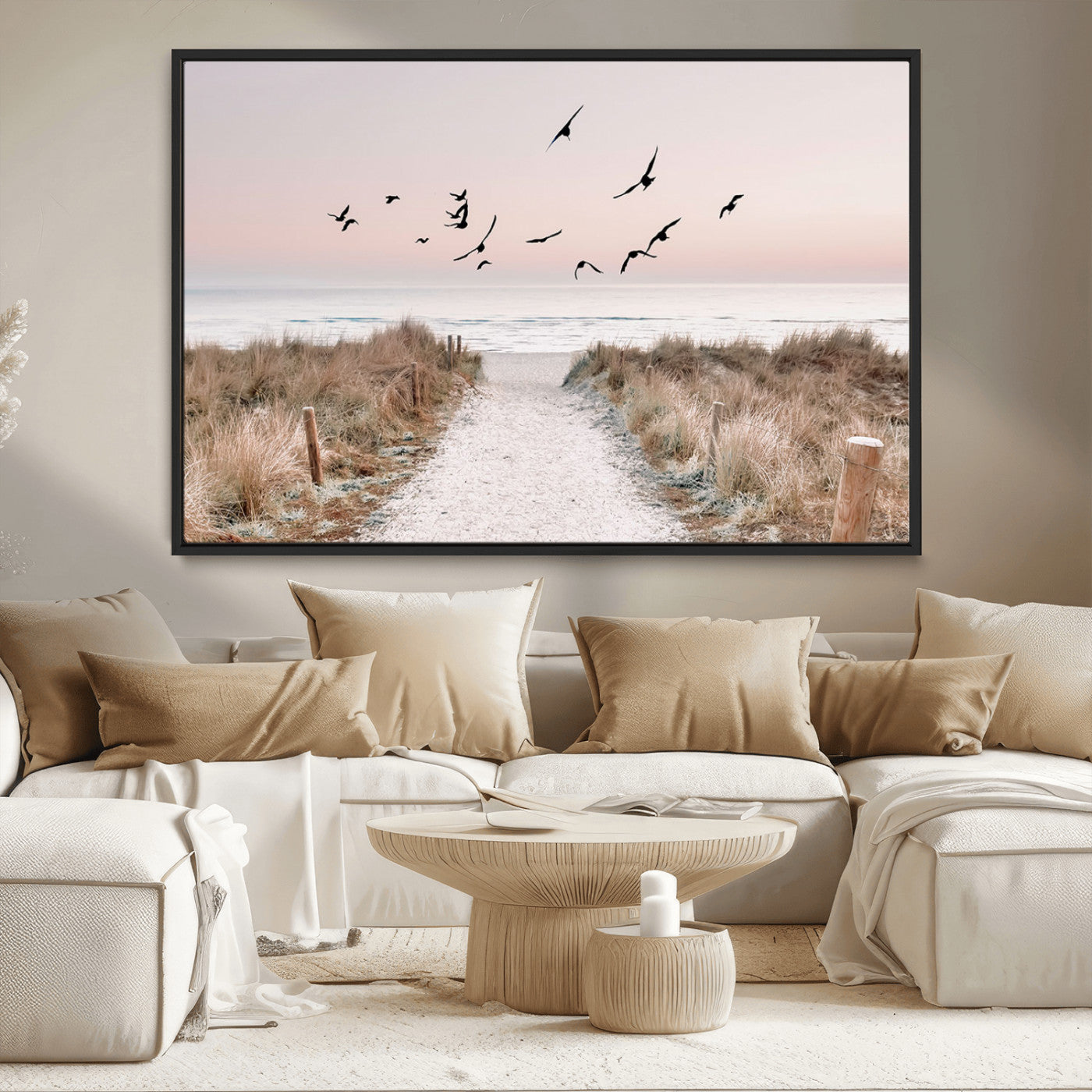 34632598-MGV-CV-36X24-Coastal Pathway Canvas Wall Art – Framed Seaside Landscape, Large Beach and Birds Canvas Print for Home, Office, or Living Room