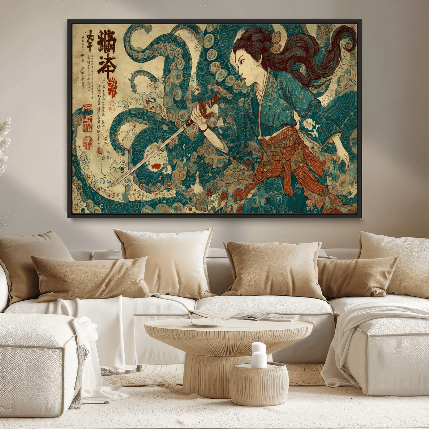 46837670-MGV-CV-36X24-Tsukioka Yoshitoshi Samurai Wall Art Print, Japanese Katana Warrior Canvas Wall Art, Octopus Sea Monster Canvas Print,