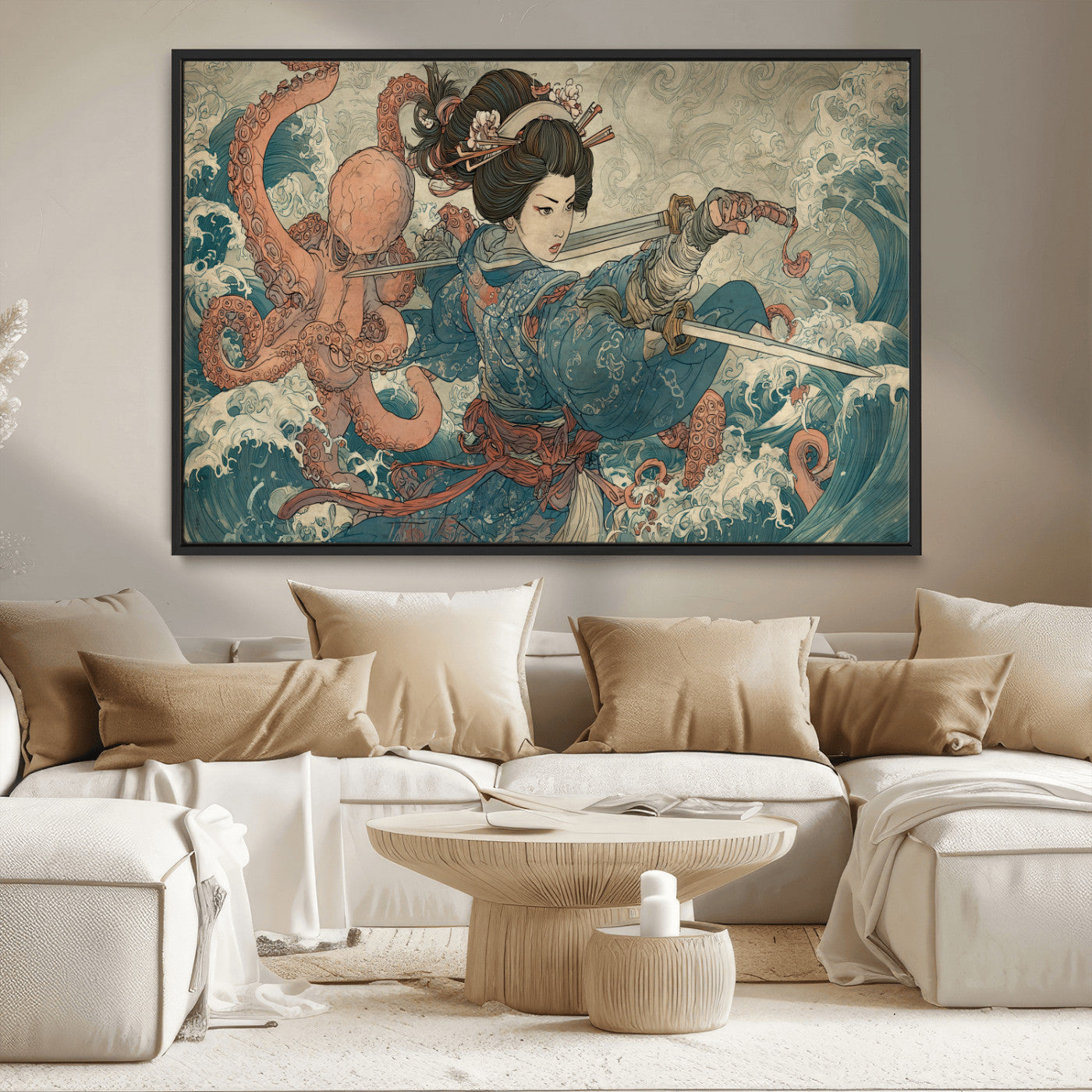 52037775-MGV-CV-36X24-Tsukioka Yoshitoshi Samurai Wall Art Print, Japanese Katana Warrior Canvas Wall Art, Octopus Sea Monster Canvas Print,