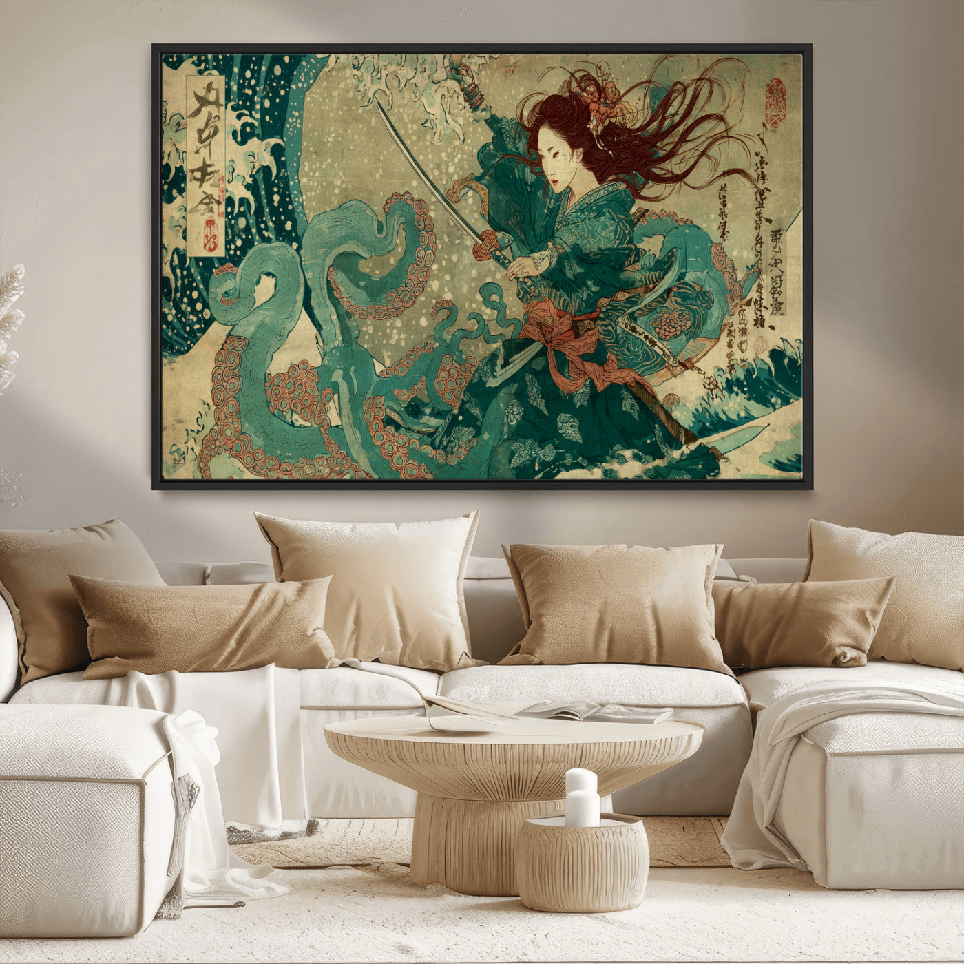 86918027-MGV-CV-36X24-Tsukioka Yoshitoshi Samurai Wall Art Print, Japanese Katana Warrior Canvas Wall Art, Octopus Sea Monster Canvas Print,