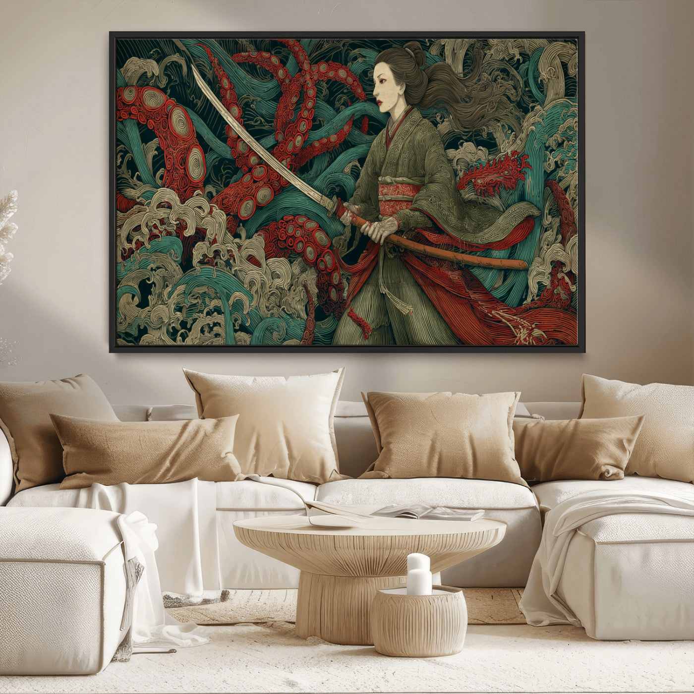 18902796-MGV-CV-36X24-Samurai Woman vs Octopus Wall Art – Japanese Ukiyo-e Green Kimono Canvas Print, Ocean Battle Scene Artwork for Living Room,