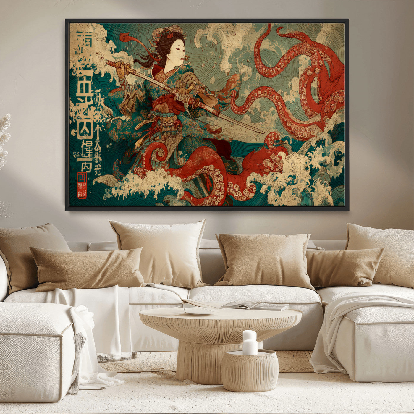 60201267-MGV-CV-36X24-Samurai Woman vs Octopus Wall Art – Japanese Ukiyo-e Armor Canvas Print, Red Tentacle Ocean Battle Artwork for Living Room,