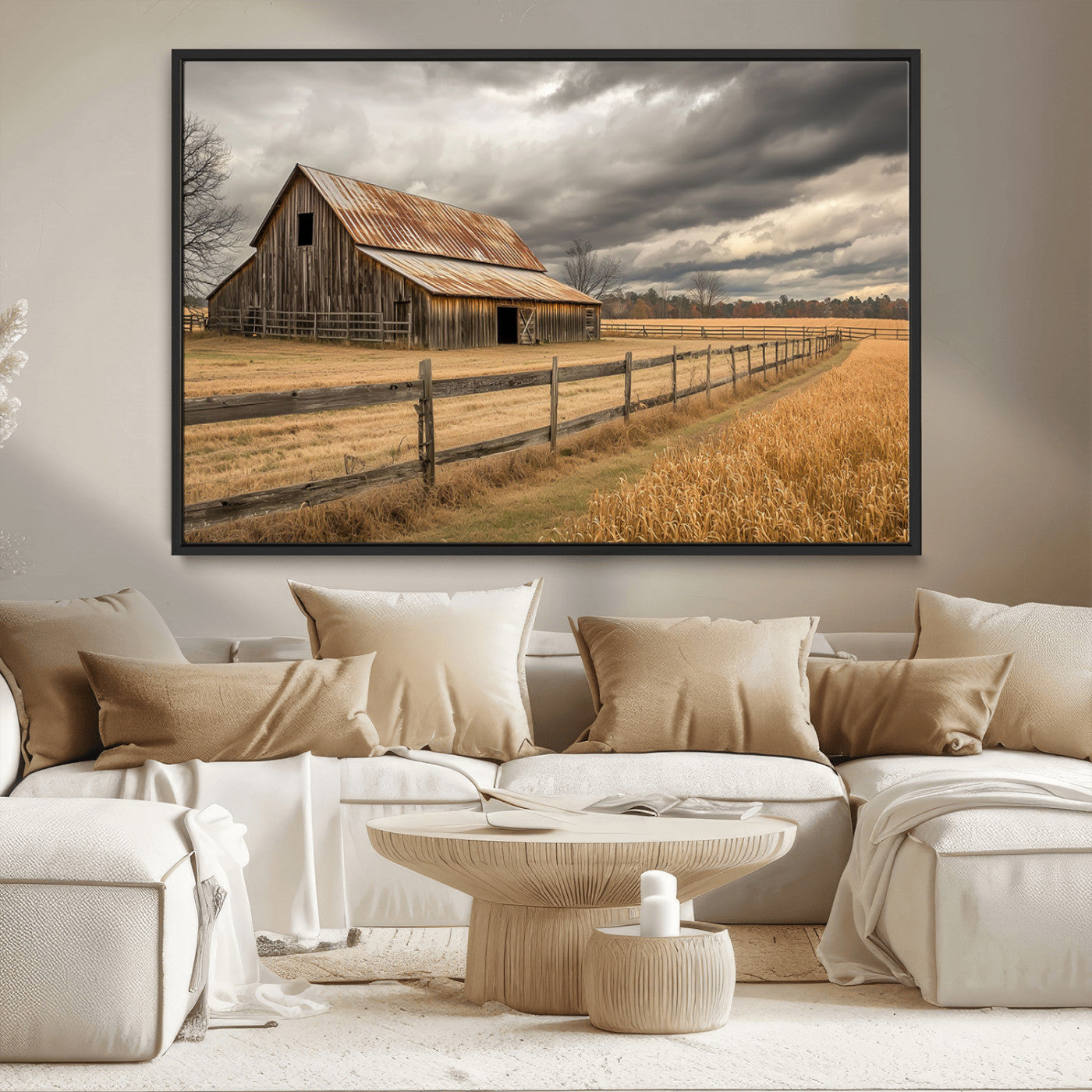 21991117-MGV-CV-36X24-Rustic Barn Wall Art – Weathered Farmhouse Canvas Print, Stormy Sky and Golden Field Photography Decor for Bedroom, Living Room,