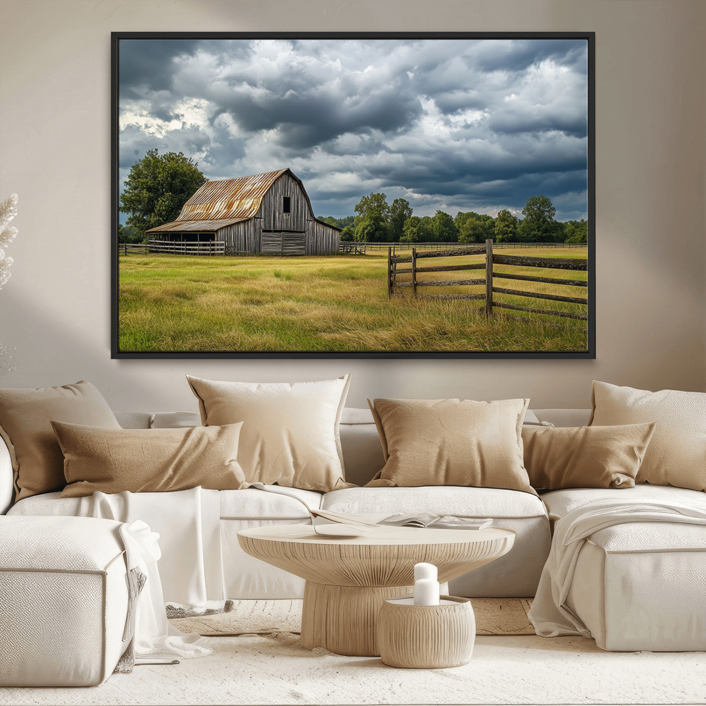 39409517-MGV-CV-36X24-Rustic Barn Wall Art – Weathered Farmhouse and Storm Clouds Canvas Print, Country Landscape Photography Decor for Bedroom, Living