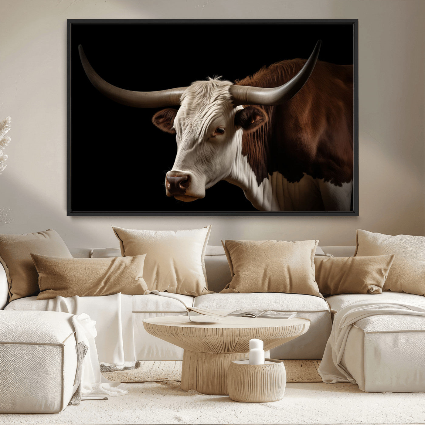 27414857-MGV-CV-36X24-Longhorn Bull Wall Art – Dramatic Western Steer Portrait Canvas Print, Rustic Farmhouse Animal Decor for Living Room, Office, or