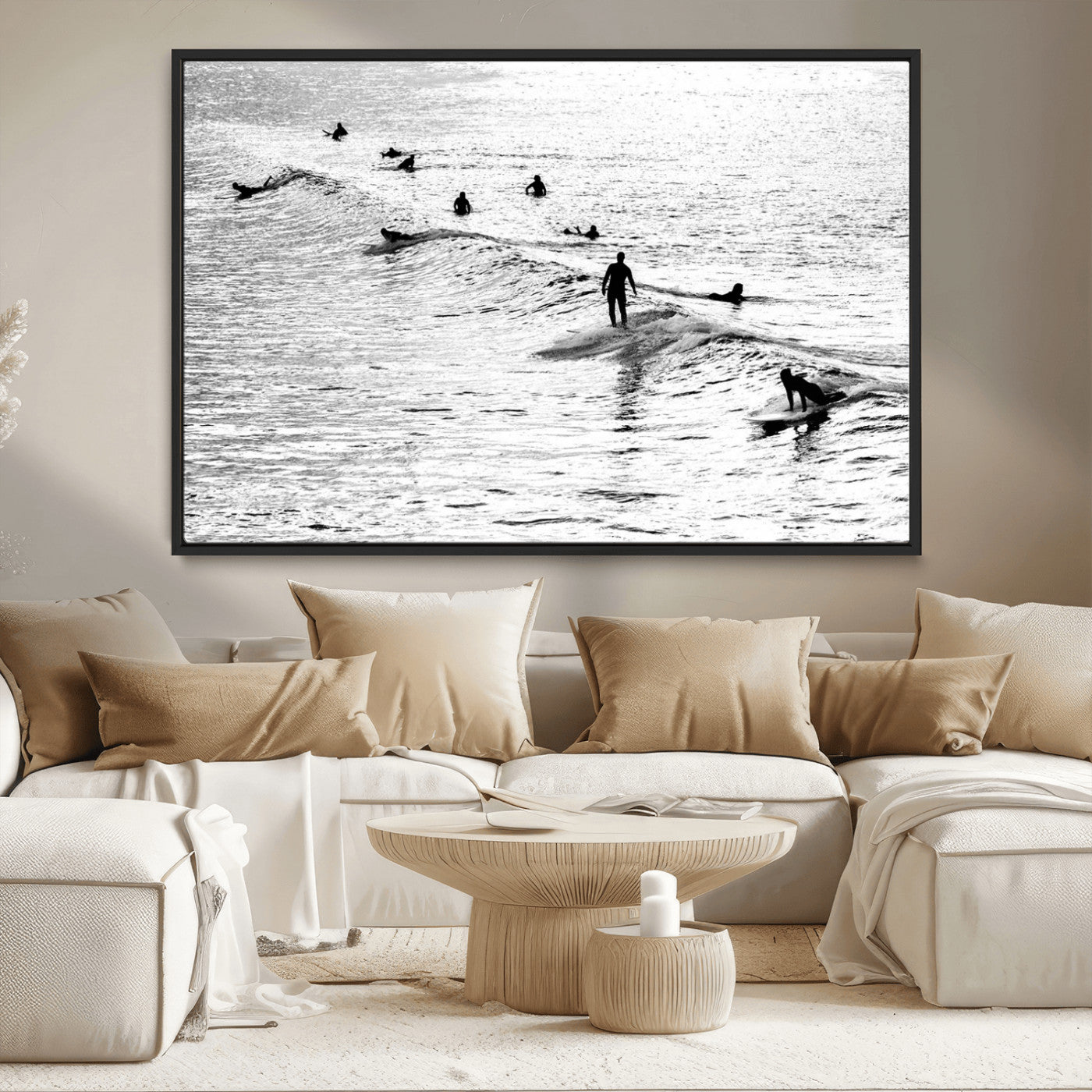 68018616-MGV-CV-36X24-Black and White Surf Photography Print – Minimalist Ocean Wall Art, Surfers Riding Waves, Coastal Beach Decor for Modern Home or