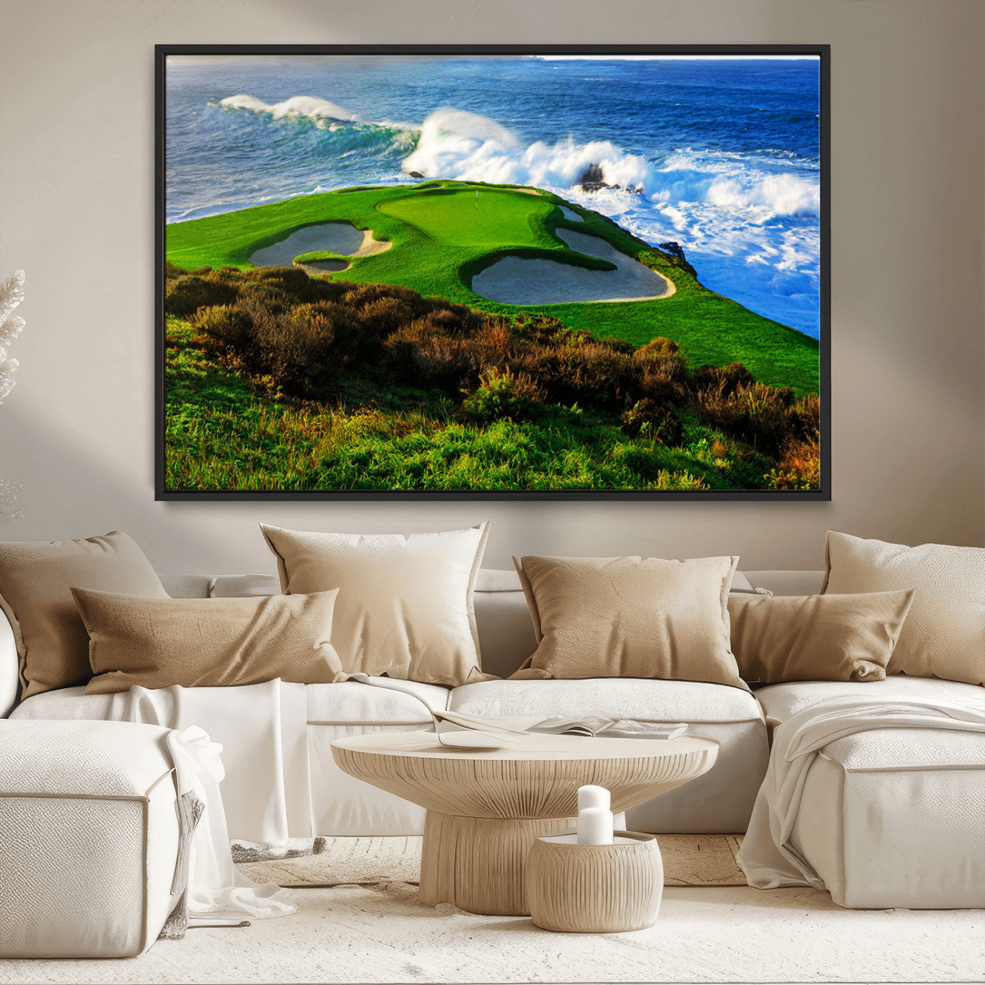 34181847-MGV-CV-36X24-Coastal Golf Course Wall Art – Panoramic Ocean Fairway Canvas Print, Scenic Sports Photography Decor for Office, Man Cave, Living