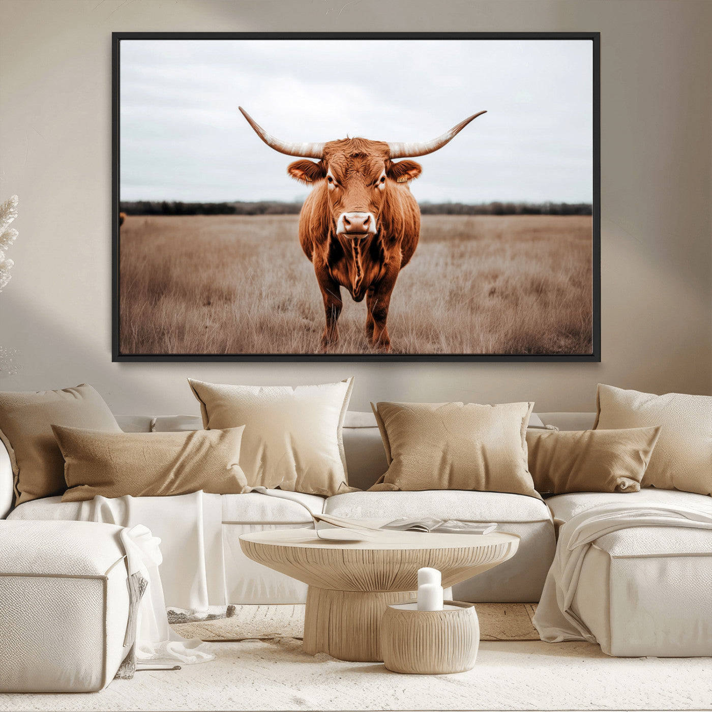 16316734-MGV-CV-36X24-Texas Longhorn Wall Art – Rustic Bull Portrait Canvas Print, Western Farmhouse Animal Photography Decor for Living Room, Office,