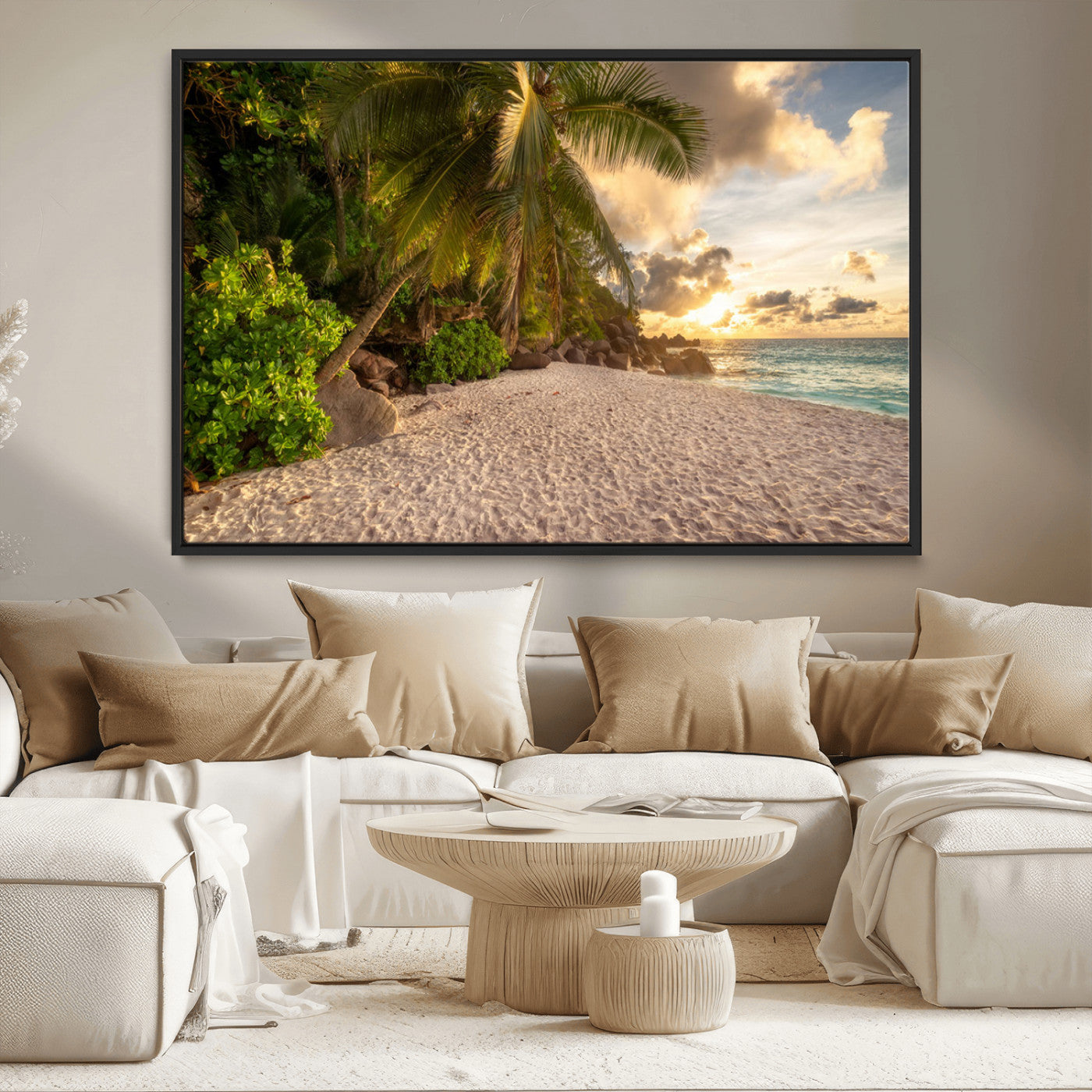 89531159-MGV-CV-36X24-Tropical Beach Sunset Canvas Wall Art – Palm Trees Golden Sand Ocean Waves Coastal Paradise Print for Beach House Bedroom Bathroom