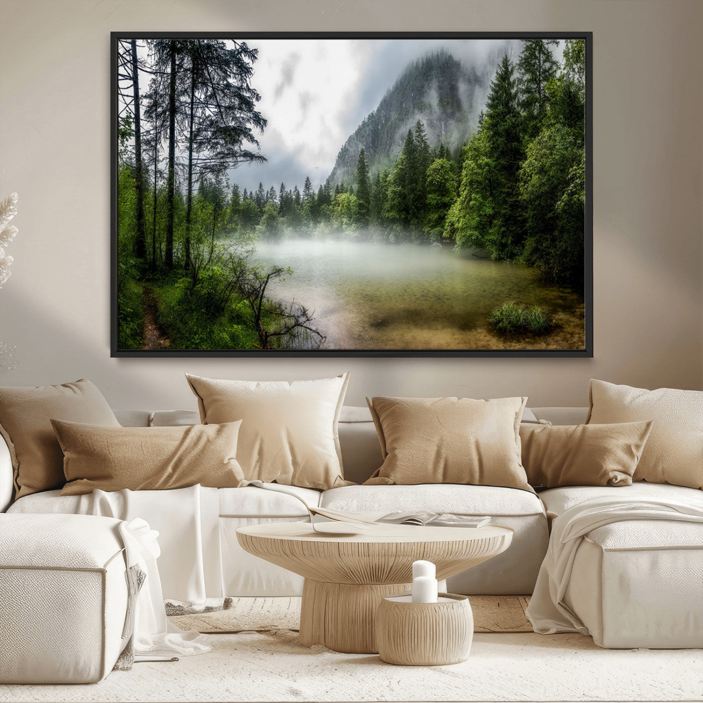 93123937-MGV-CV-36X24-Landscape Wall Art – Misty Mountain Lake Canvas Print, Tranquil Forest and Waterfall Photography Decor for Bedroom, Living Room,