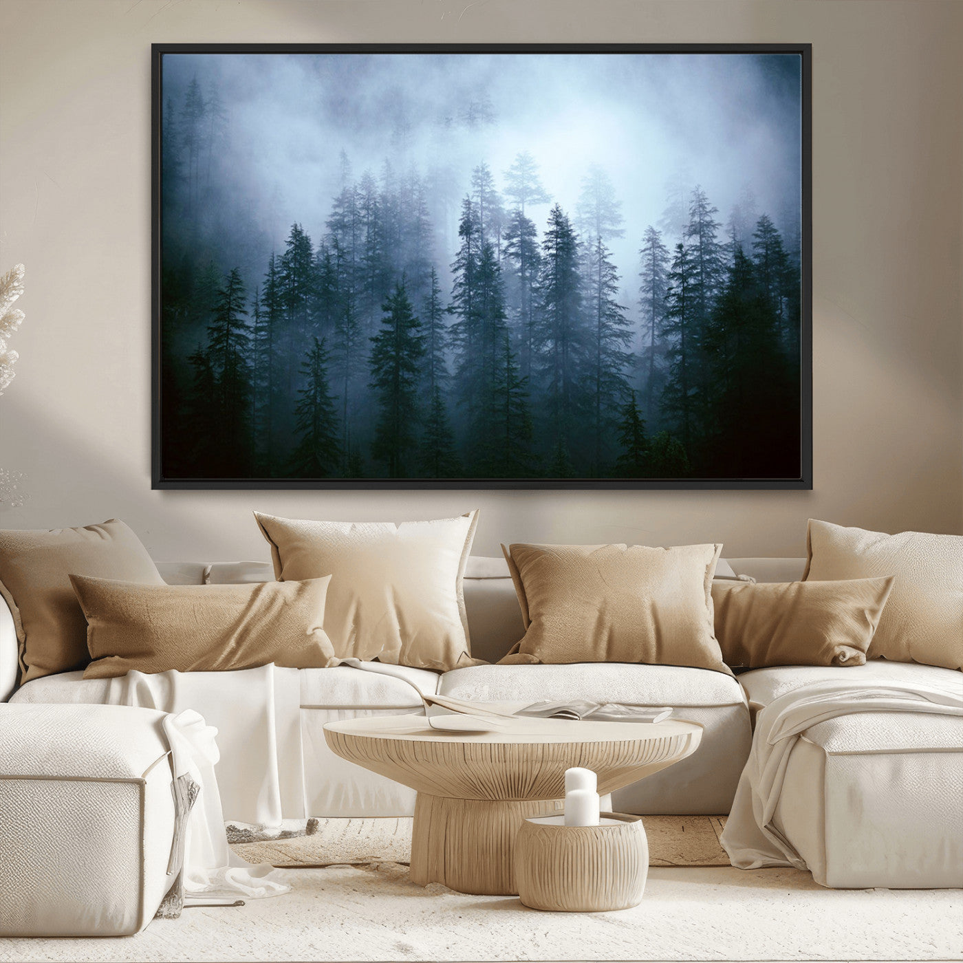 93439624-MGV-CV-36X24-Forest Wall Art – Misty Pine Trees Canvas Print, Moody Nature Photography Decor for Bedroom, Living Room, Office, Cabin, Lodge or