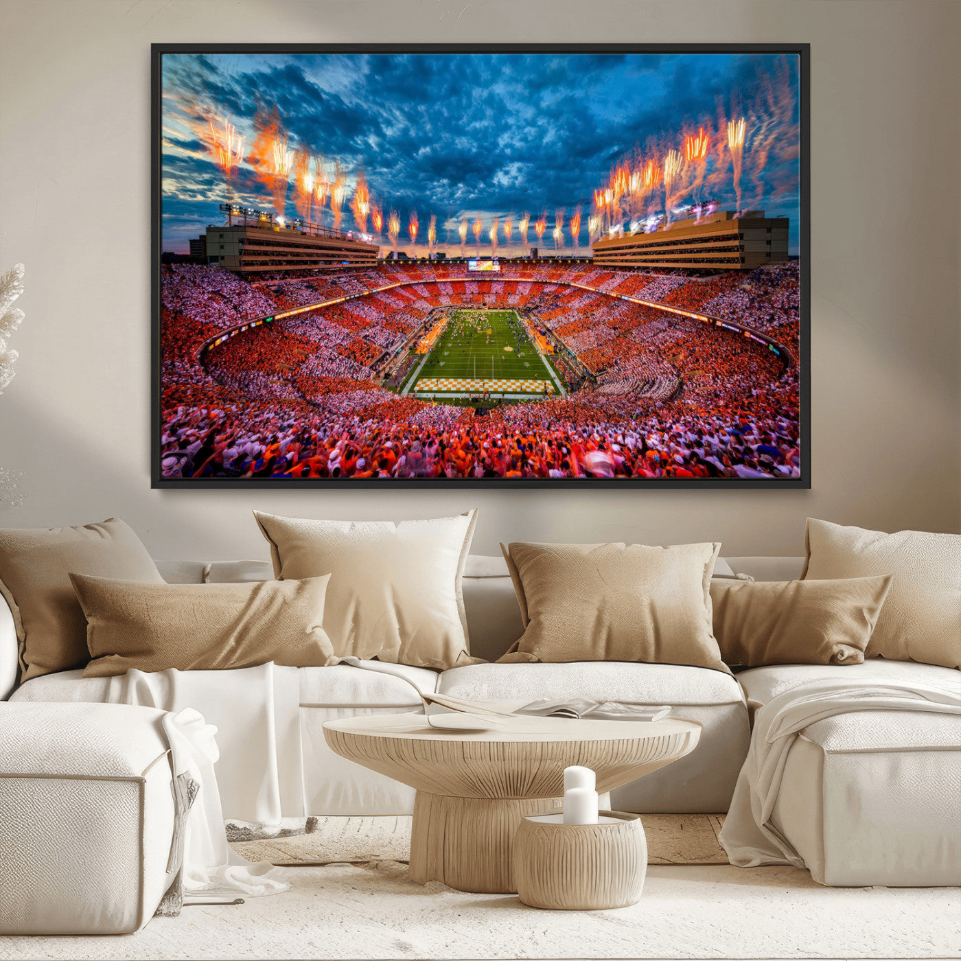 94266219-MGV-CV-36X24-Neyland Stadium Wall Art – Panoramic Tennessee Volunteers Checkerboard Crowd Fireworks Canvas Print, Football Game Day Sports