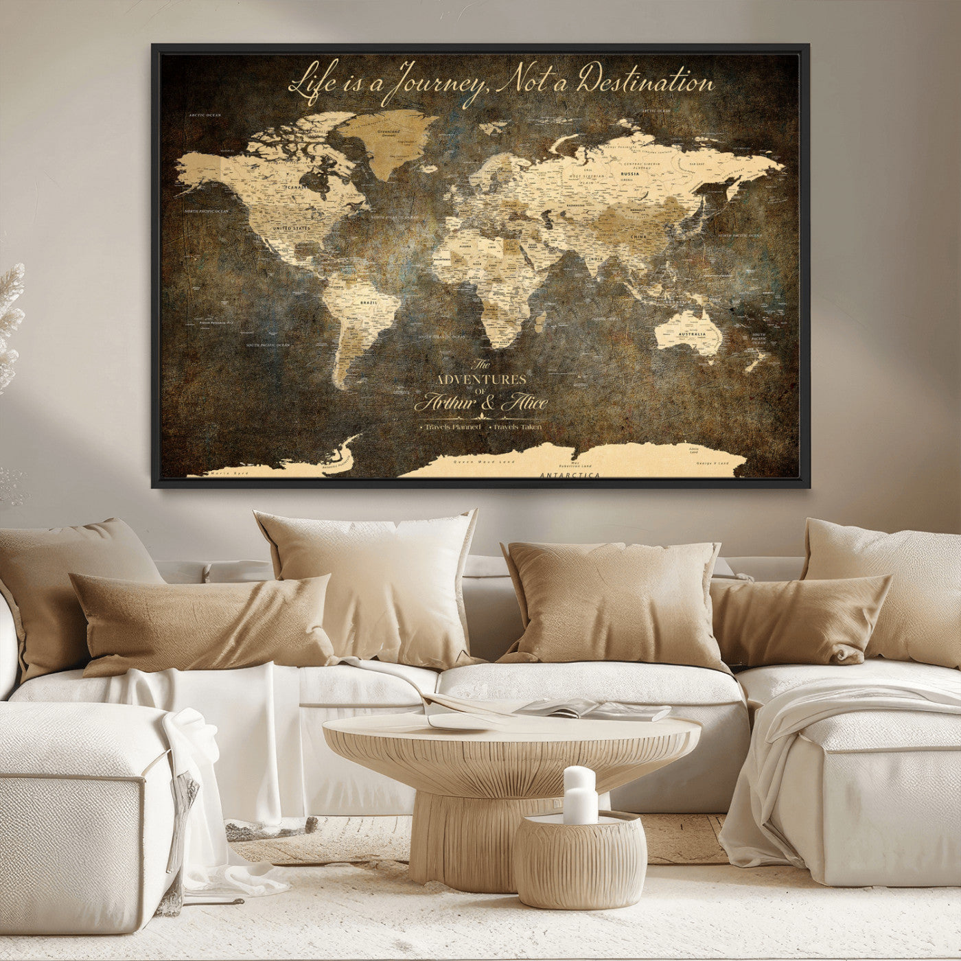 13394308-MGV-CV-36X24-Personalized World Map Wall Art – Dark Rustic Vintage Adventure Travel Map with Custom Couple Names, Timeless Wall Decor for Home