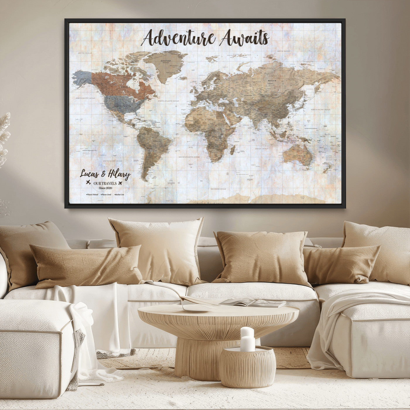 30792405-MGV-CV-36X24-Personalized World Map Wall Art – Rustic Beige Adventure Travel Map with Custom Couple Names, Vintage Wall Decor for Home or