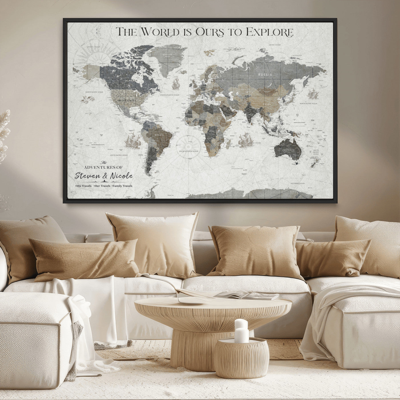 97082026-MGV-CV-36X24-Personalized World Map Wall Art – Vintage Gray Adventure Travel Map with Custom Couple or Family Names, Rustic Wall Decor for Home