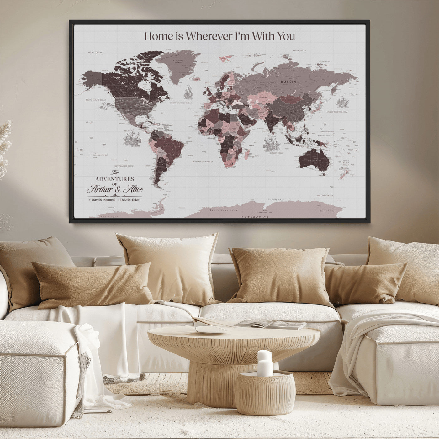 33204797-MGV-CV-36X24-Personalized World Map Wall Art – Burgundy & Grey Adventure Travel Map with Custom Names, Romantic Wall Decor for Couples, Home or