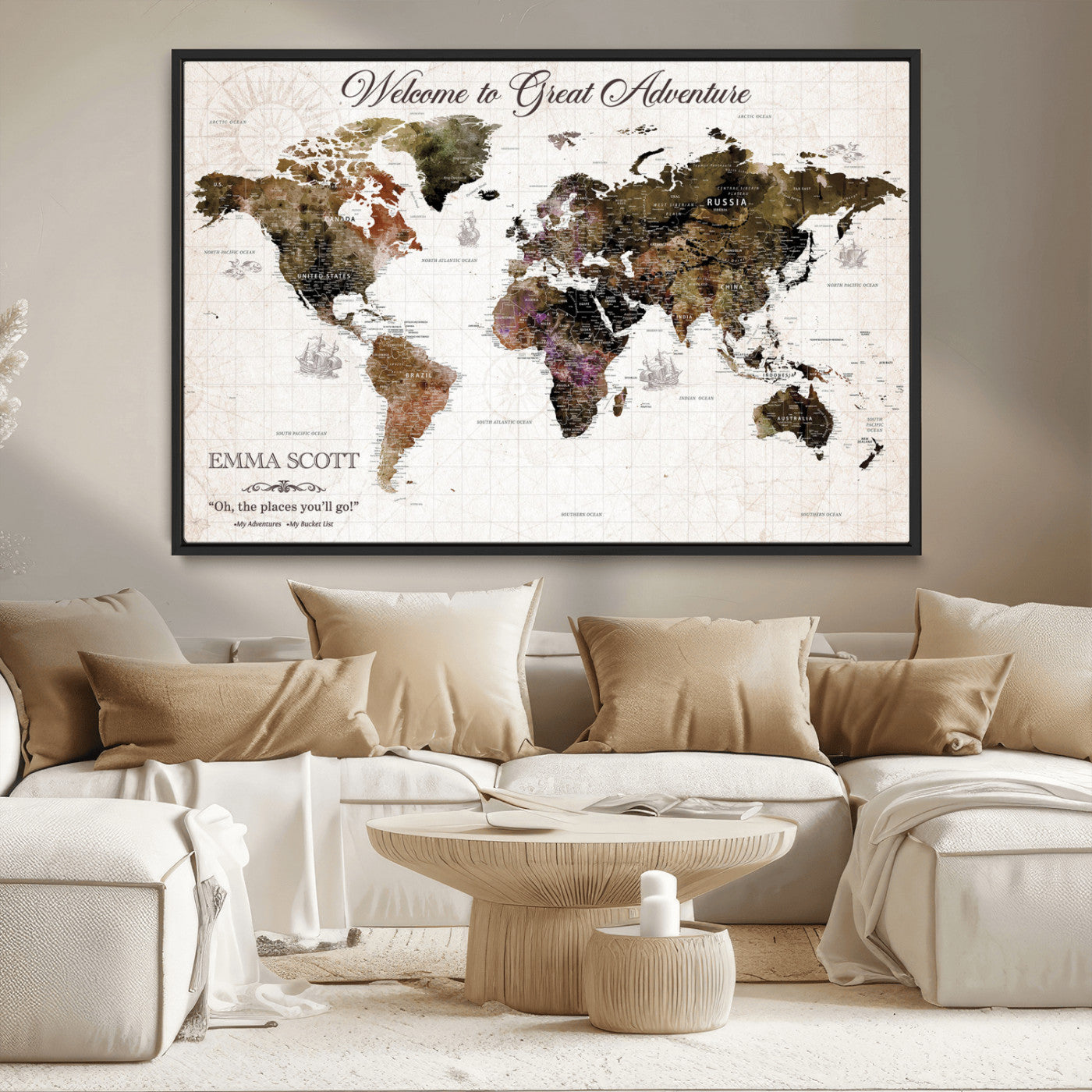 33631532-MGV-CV-36X24-Personalized World Map Wall Art – Dark Vintage Adventure Travel Map with Custom Names, Rustic Wall Decor for Couples, Home or