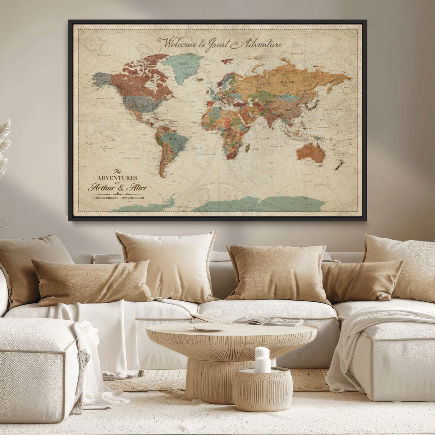 43497401-MGV-CV-36X24-Personalized World Map Wall Art – Vintage Rustic Adventure Travel Map with Custom Couple Names, Welcome to Great Adventure Wall