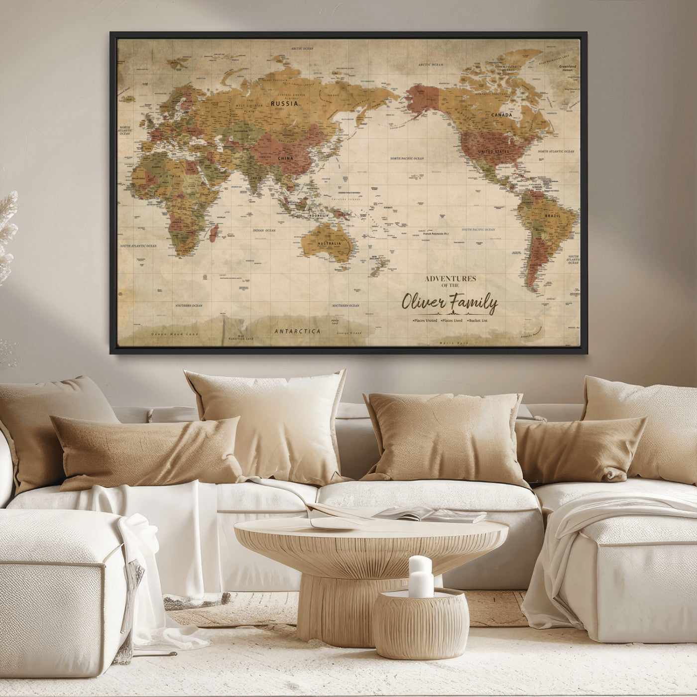 31874045-MGV-CV-36X24-Personalized World Map Wall Art – Vintage Earth Tone Adventure Map with Custom Family Names, Rustic Travel Decor for Home, Couples