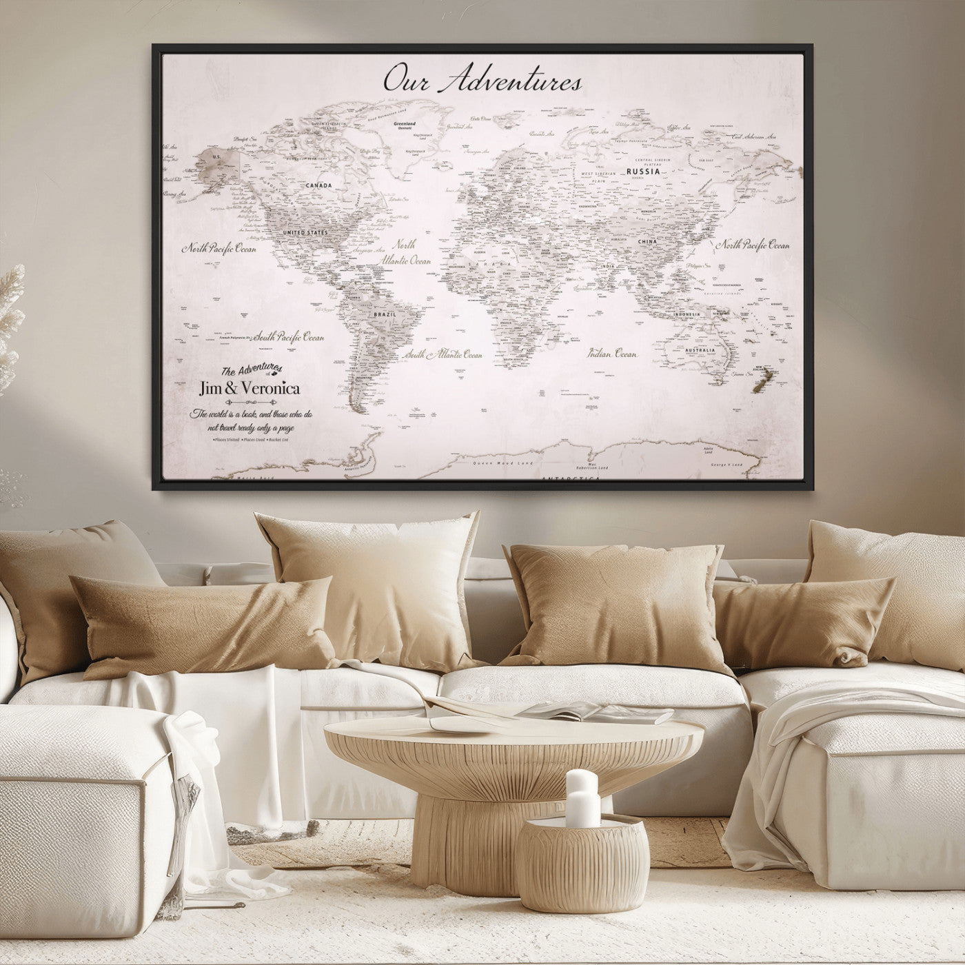 11706567-MGV-CV-36X24-Personalized World Map Wall Art – Minimalist Beige Adventure Travel Map with Custom Names, Elegant Push Pin Canvas for Couples,