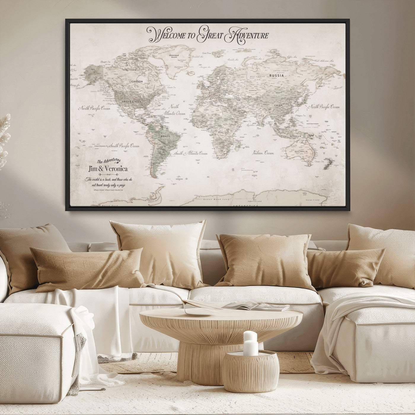 93034948-MGV-CV-36X24-Personalized World Map Wall Art – Vintage Beige Adventure Travel Map with Custom Names, Elegant Push Pin Canvas for Couples,