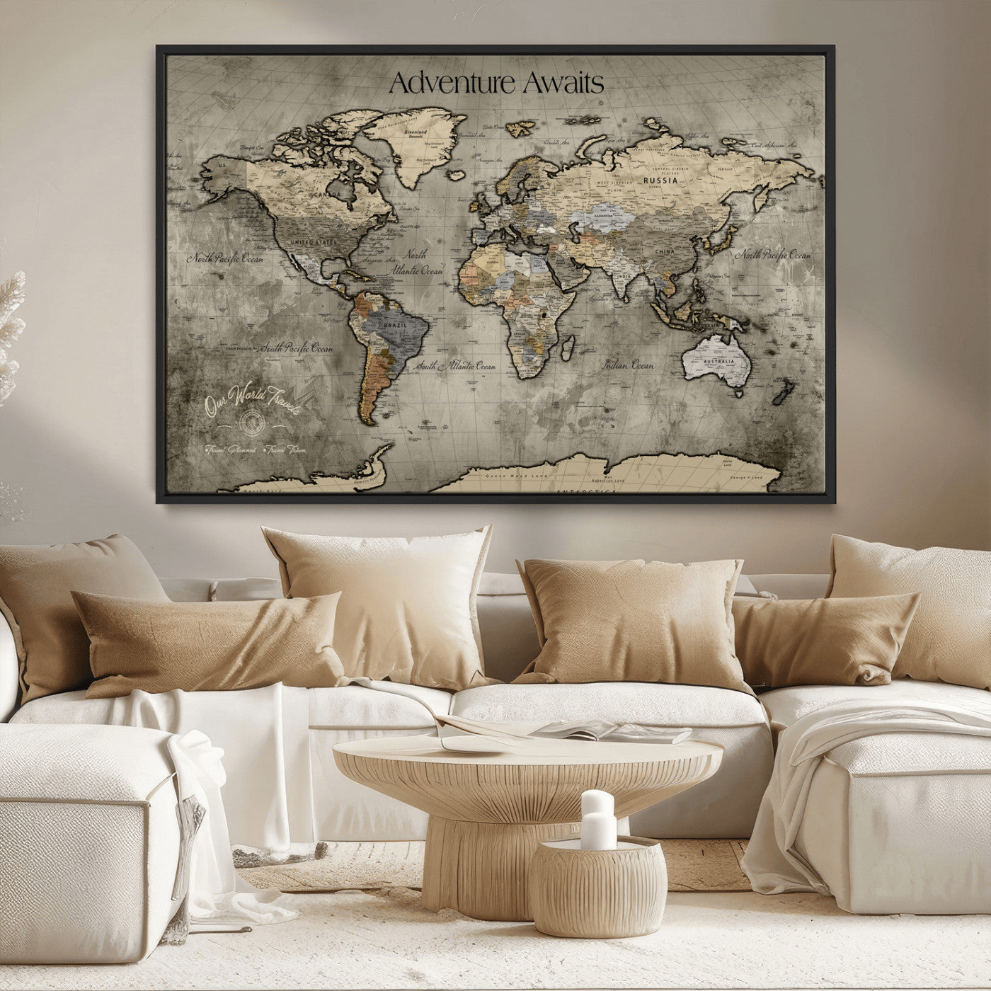 72658967-MGV-CV-36X24-Personalized World Map Wall Art – Adventure Awaits Rustic Sepia Travel Map with Custom Names, Vintage Wall Decor for Couples, Home
