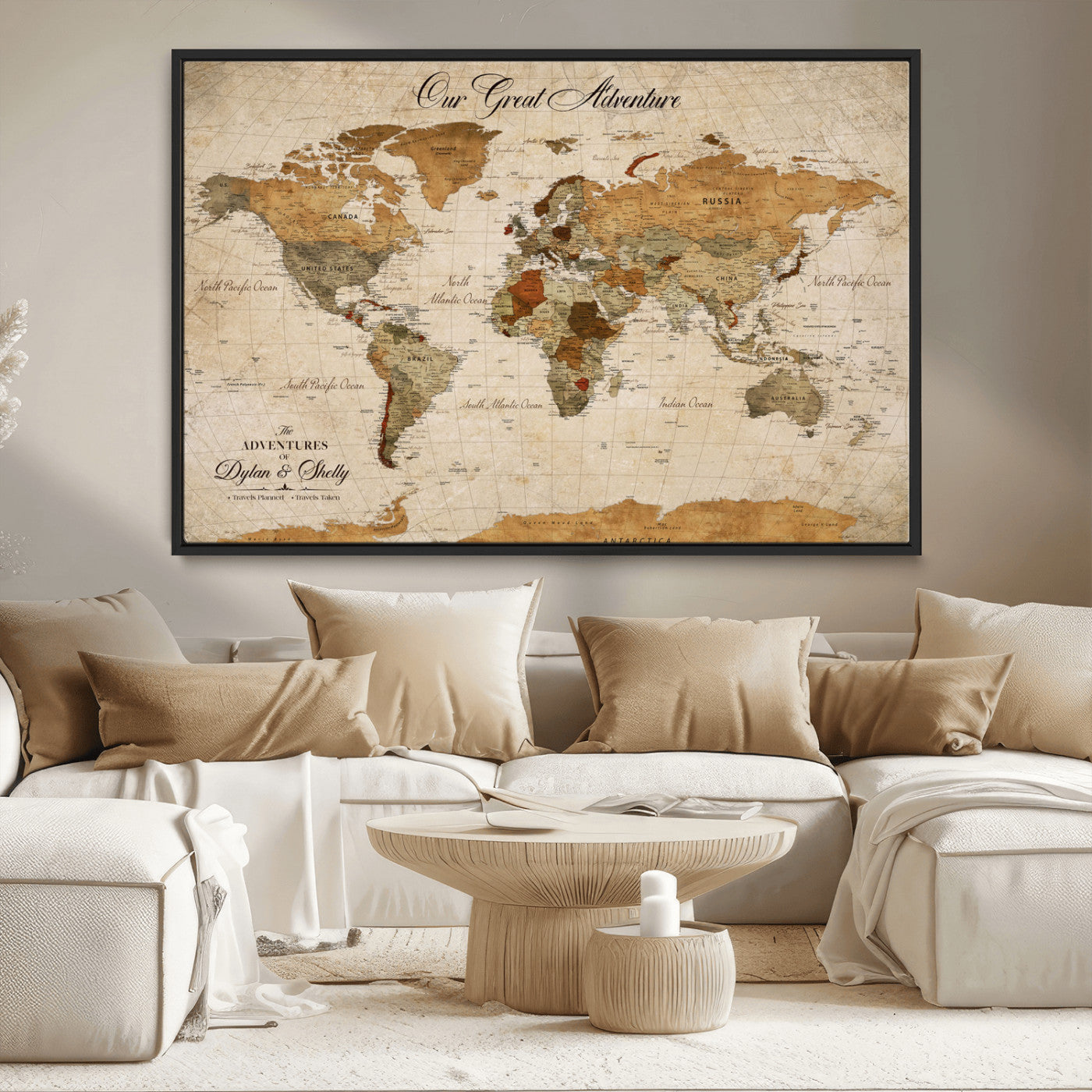 91961147-MGV-CV-36X24-Personalized World Map Wall Art – Vintage Sepia Adventure Travel Map with Custom Couple Names, Rustic Wall Decor for Home, Couples
