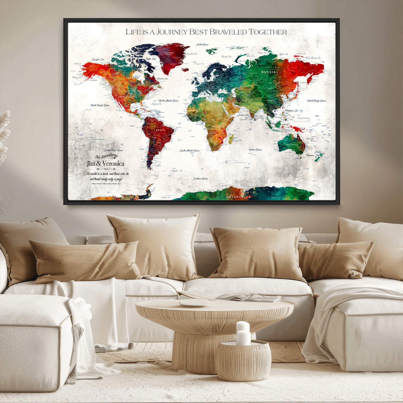 95876117-MGV-CV-36X24-Personalized World Map Wall Art – Colorful Watercolor Travel Map with Custom Names, Romantic Wall Decor for Couples, Wedding or